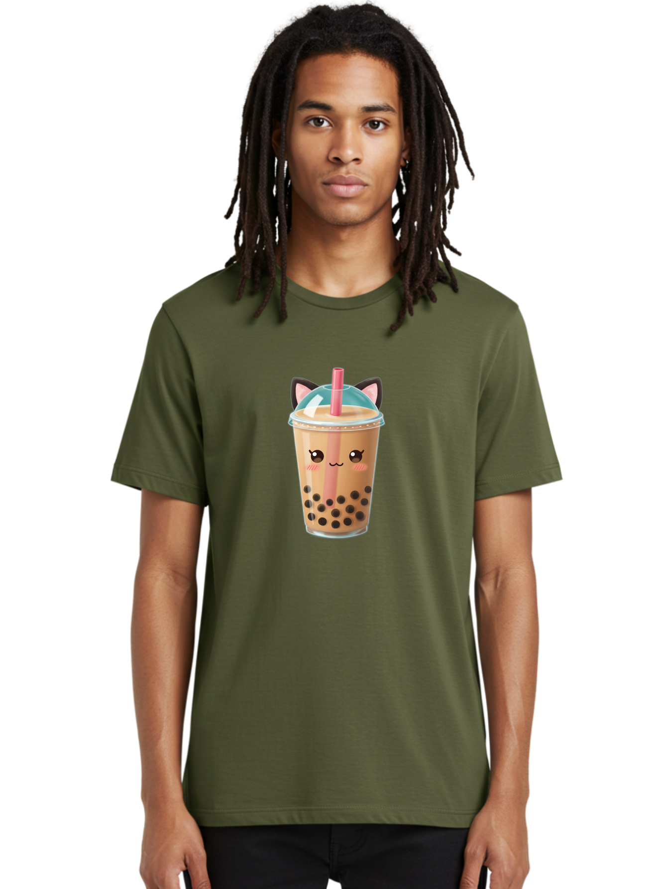 Cat-Bubble-Tea-2 Men'S Graphic Tee, 100% Cotton, Comfortable Casual Summer Wear, Machine Washable, Cute Cat Bubble Tea, Boba Tea With Cat Face, Cartoon Bubble Tea, Kawaii Drink, Adorable Beverage, Cat Ears, Bubble Tea Cup Bac796