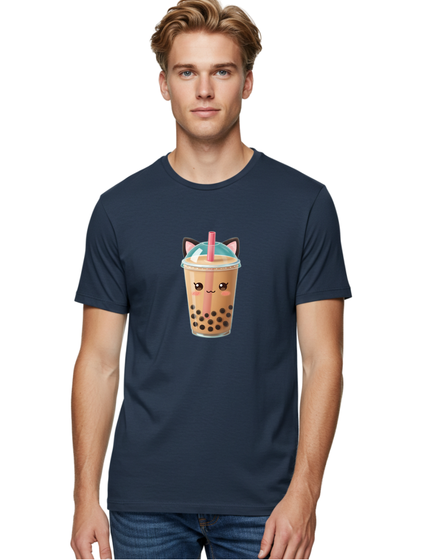 Cat-Bubble-Tea-2 Men'S Graphic Tee, 100% Cotton, Comfortable Casual Summer Wear, Machine Washable, Cute Cat Bubble Tea, Boba Tea With Cat Face, Cartoon Bubble Tea, Kawaii Drink, Adorable Beverage, Cat Ears, Bubble Tea Cup Bac796