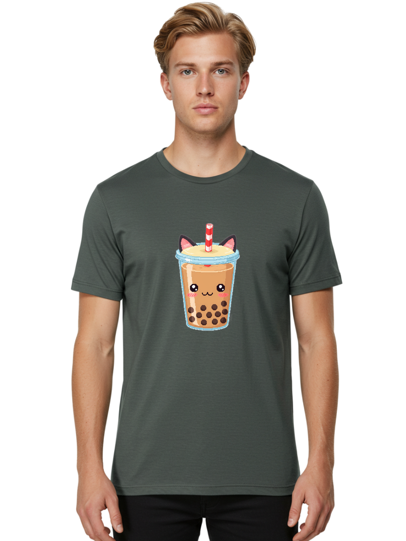 Cat-Bubble-Tea-3 Men'S Graphic Tee, 100% Cotton, Comfortable Casual Summer Wear, Machine Washable, Kawaii Bubble Tea, Cat Face Design, Boba Drink, Cute Illustration, Milk Tea, Cartoon Character, Adorable Beverage Bac797