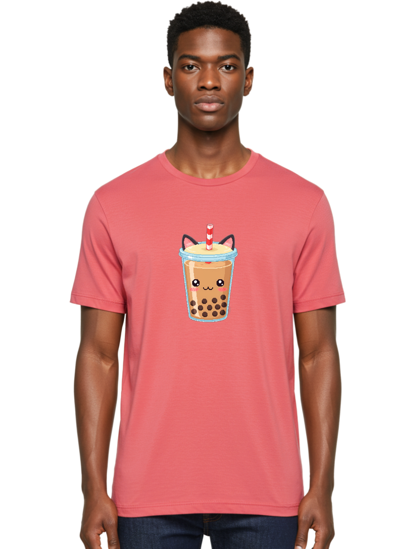 Cat-Bubble-Tea-3 Men'S Graphic Tee, 100% Cotton, Comfortable Casual Summer Wear, Machine Washable, Kawaii Bubble Tea, Cat Face Design, Boba Drink, Cute Illustration, Milk Tea, Cartoon Character, Adorable Beverage Bac797
