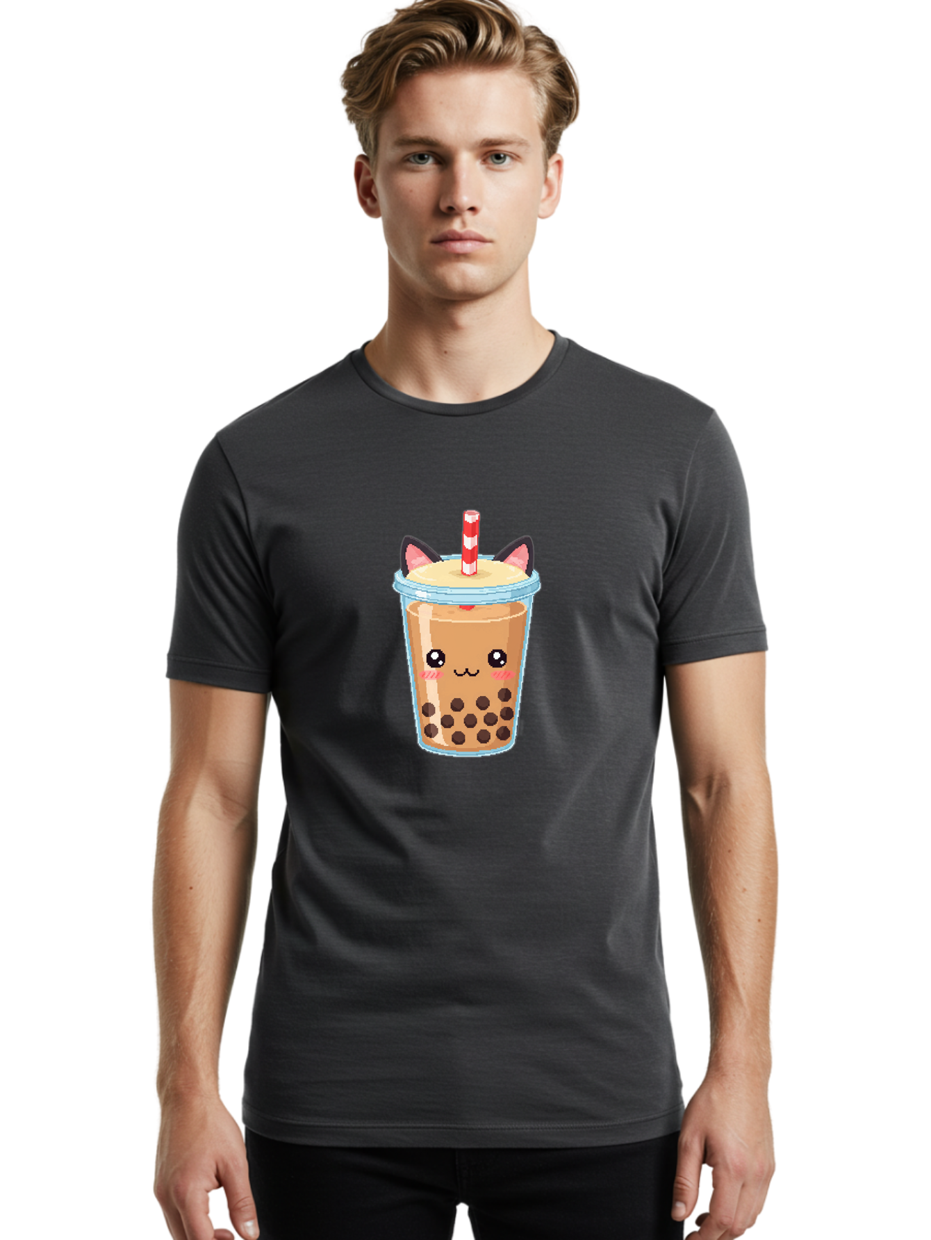 Cat-Bubble-Tea-3 Men'S Graphic Tee, 100% Cotton, Comfortable Casual Summer Wear, Machine Washable, Kawaii Bubble Tea, Cat Face Design, Boba Drink, Cute Illustration, Milk Tea, Cartoon Character, Adorable Beverage Bac797