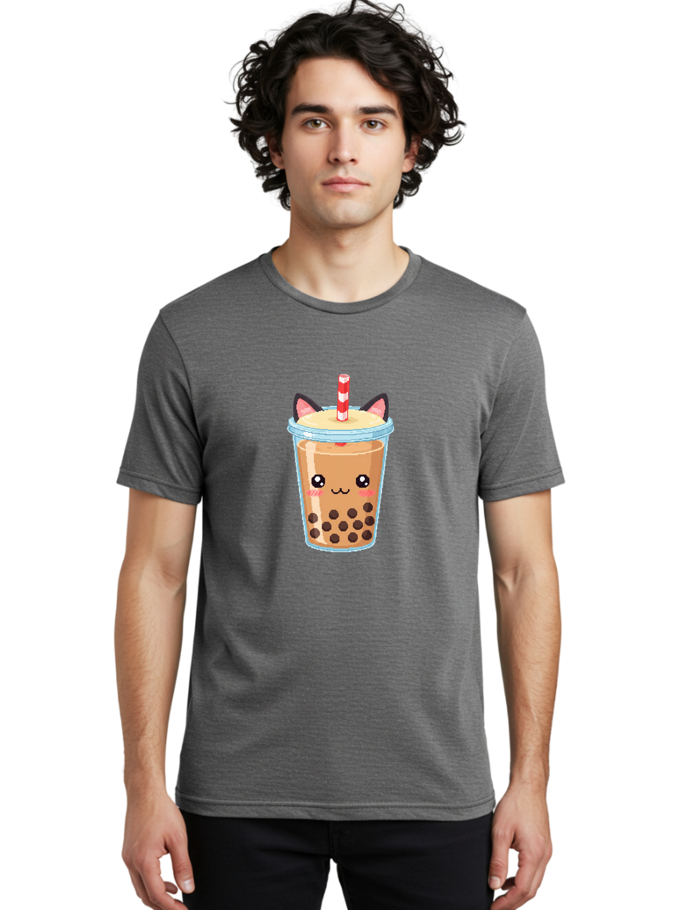 Cat-Bubble-Tea-3 Men'S Graphic Tee, 100% Cotton, Comfortable Casual Summer Wear, Machine Washable, Kawaii Bubble Tea, Cat Face Design, Boba Drink, Cute Illustration, Milk Tea, Cartoon Character, Adorable Beverage Bac797