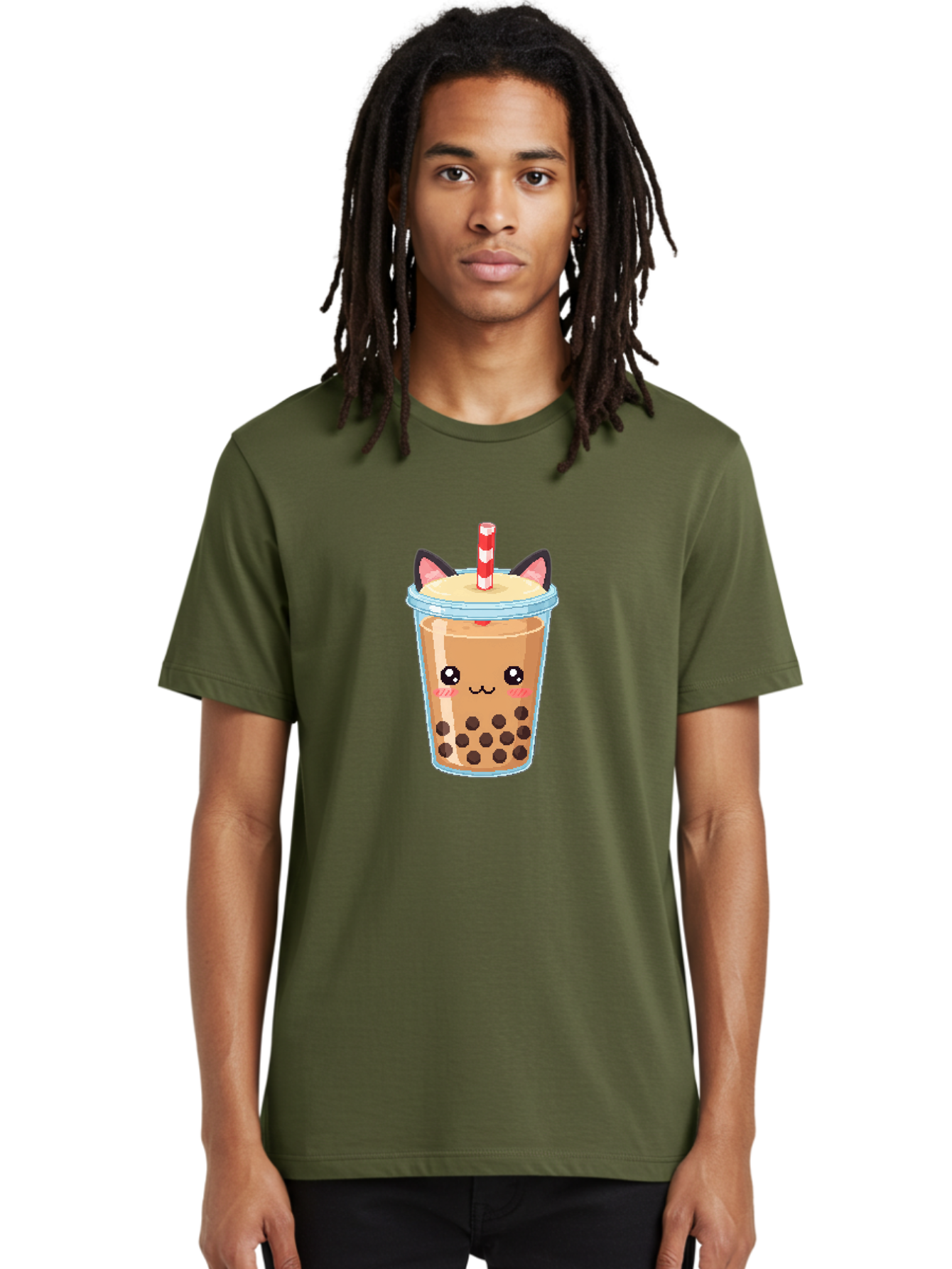 Cat-Bubble-Tea-3 Men'S Graphic Tee, 100% Cotton, Comfortable Casual Summer Wear, Machine Washable, Kawaii Bubble Tea, Cat Face Design, Boba Drink, Cute Illustration, Milk Tea, Cartoon Character, Adorable Beverage Bac797