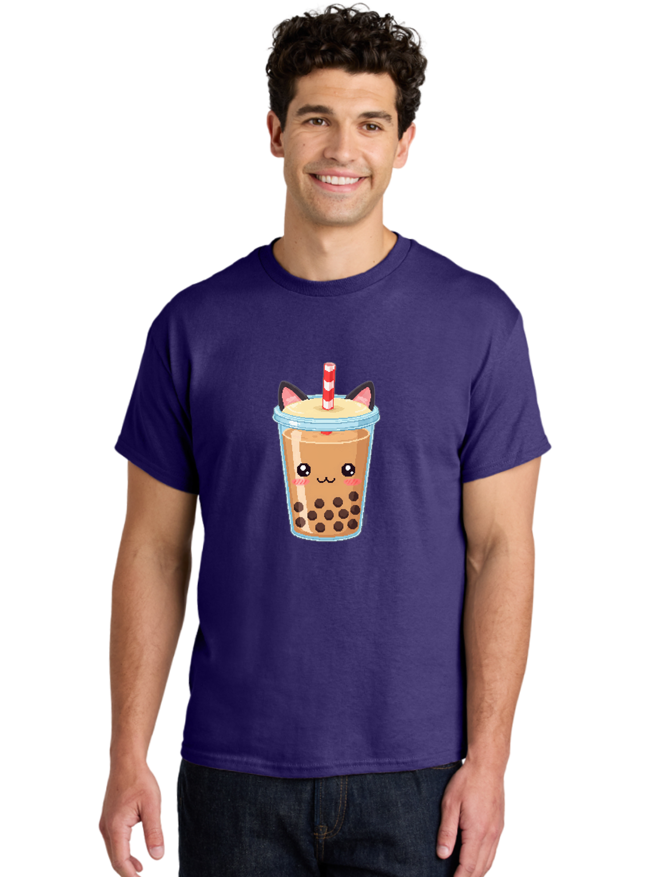 Cat-Bubble-Tea-3 Men'S Graphic Tee, 100% Cotton, Comfortable Casual Summer Wear, Machine Washable, Kawaii Bubble Tea, Cat Face Design, Boba Drink, Cute Illustration, Milk Tea, Cartoon Character, Adorable Beverage Bac797