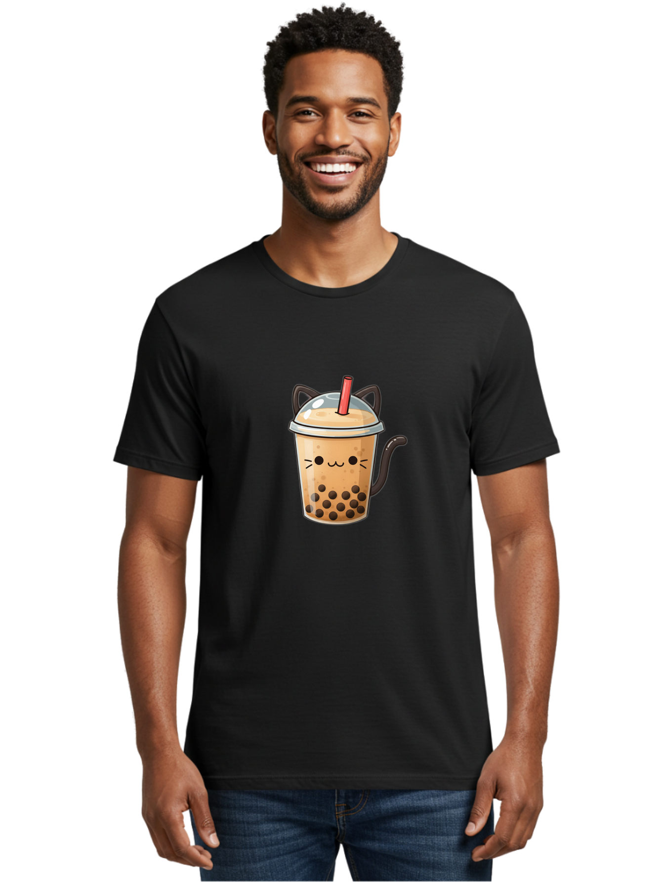 Cat-Bubble-Tea Men'S Graphic Tee, 100% Cotton, Comfortable Casual Summer Wear, Machine Washable, Boba Tea, Bubble Tea, Kawaii Cat, Cute Cat Face, Milk Tea, Tapioca Pearls, Adorable Design, Cartoon Style, Cat Ears, Straw, Bac798