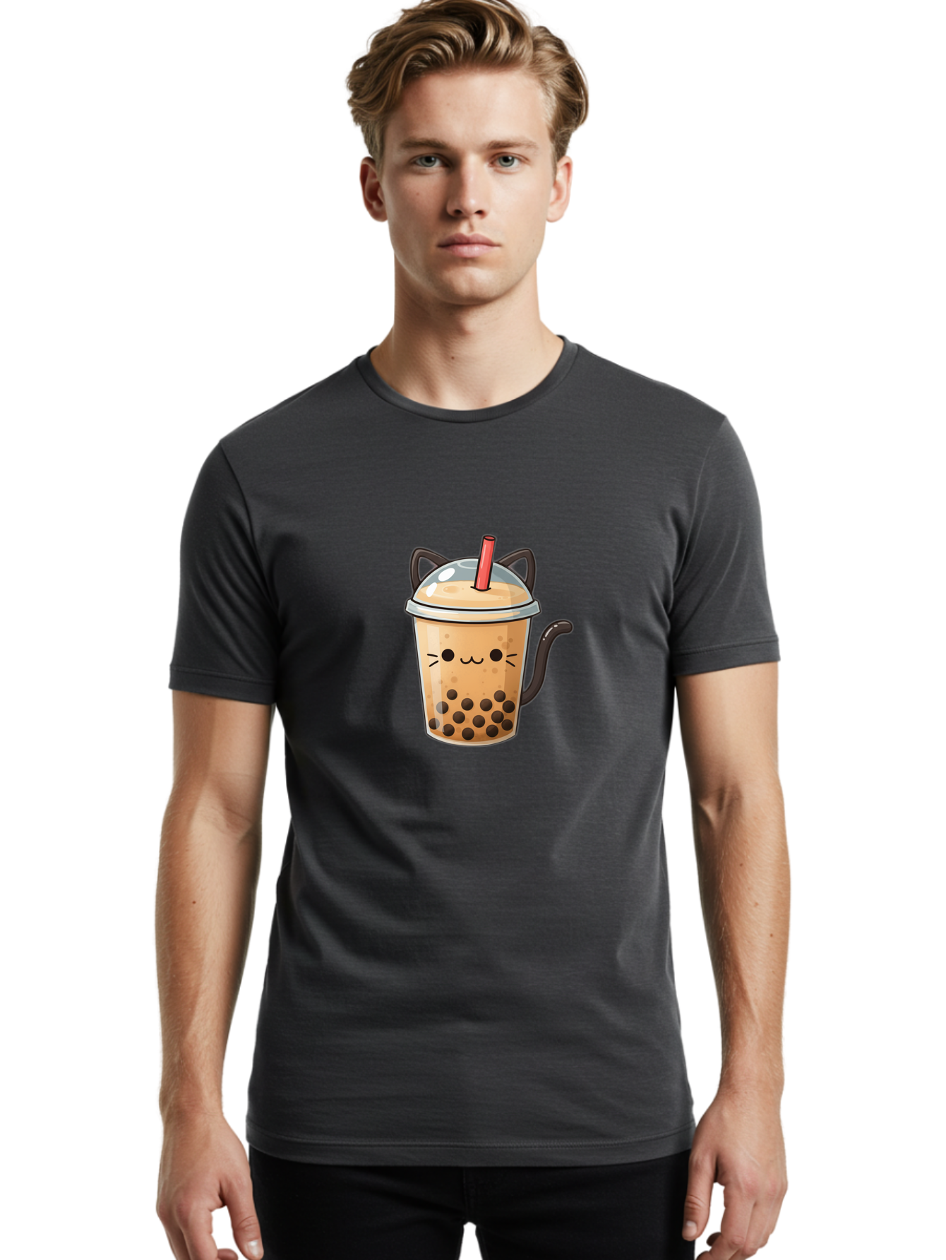 Cat-Bubble-Tea Men'S Graphic Tee, 100% Cotton, Comfortable Casual Summer Wear, Machine Washable, Boba Tea, Bubble Tea, Kawaii Cat, Cute Cat Face, Milk Tea, Tapioca Pearls, Adorable Design, Cartoon Style, Cat Ears, Straw, Bac798