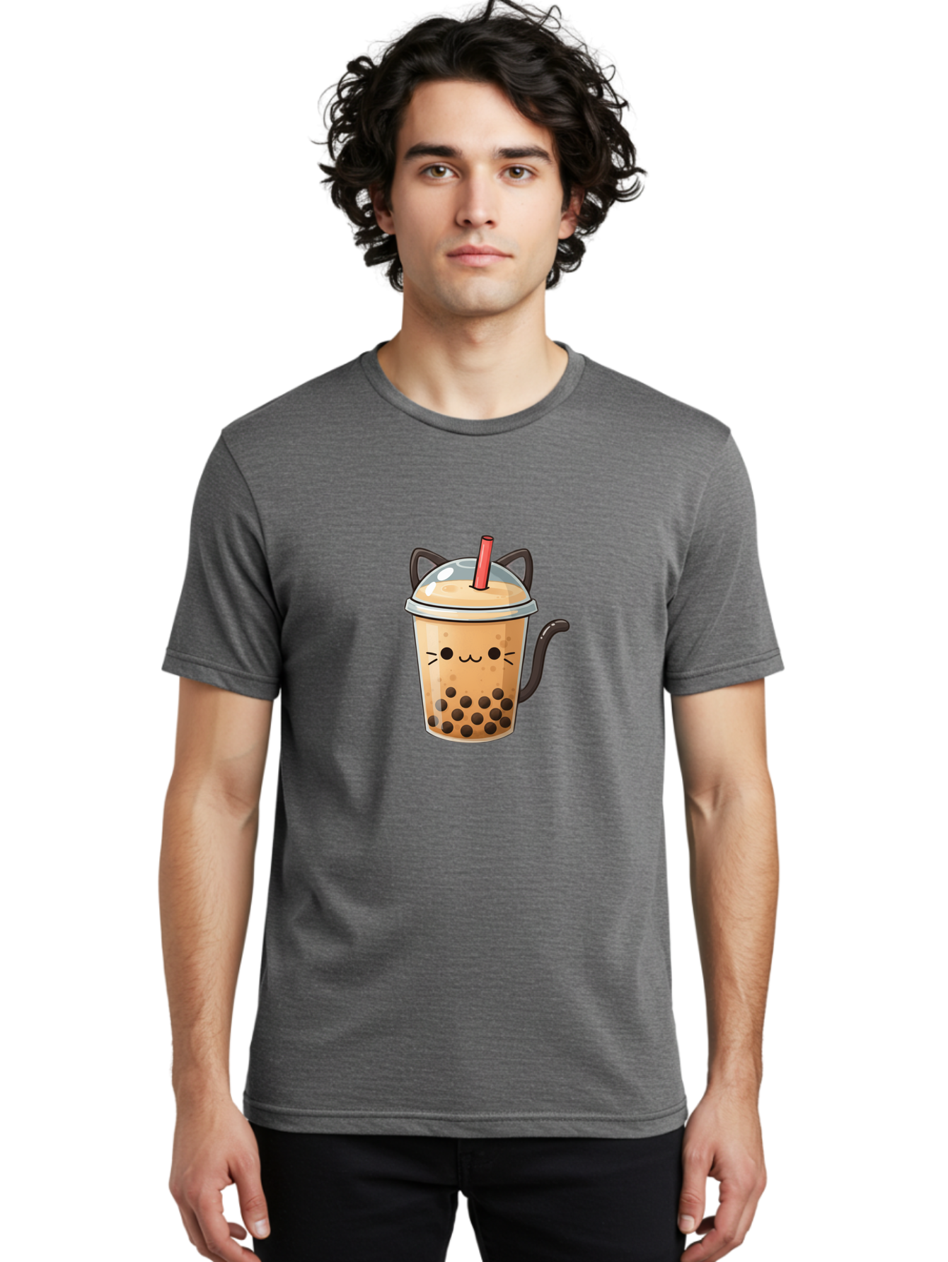 Cat-Bubble-Tea Men'S Graphic Tee, 100% Cotton, Comfortable Casual Summer Wear, Machine Washable, Boba Tea, Bubble Tea, Kawaii Cat, Cute Cat Face, Milk Tea, Tapioca Pearls, Adorable Design, Cartoon Style, Cat Ears, Straw, Bac798