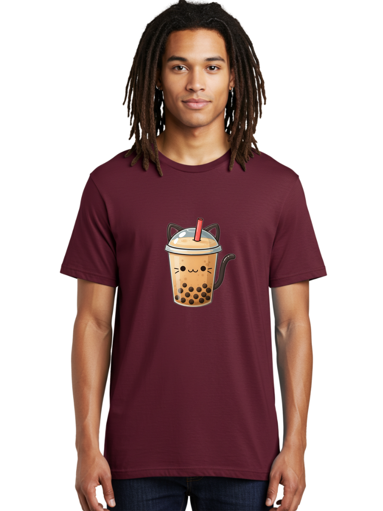 Cat-Bubble-Tea Men'S Graphic Tee, 100% Cotton, Comfortable Casual Summer Wear, Machine Washable, Boba Tea, Bubble Tea, Kawaii Cat, Cute Cat Face, Milk Tea, Tapioca Pearls, Adorable Design, Cartoon Style, Cat Ears, Straw, Bac798