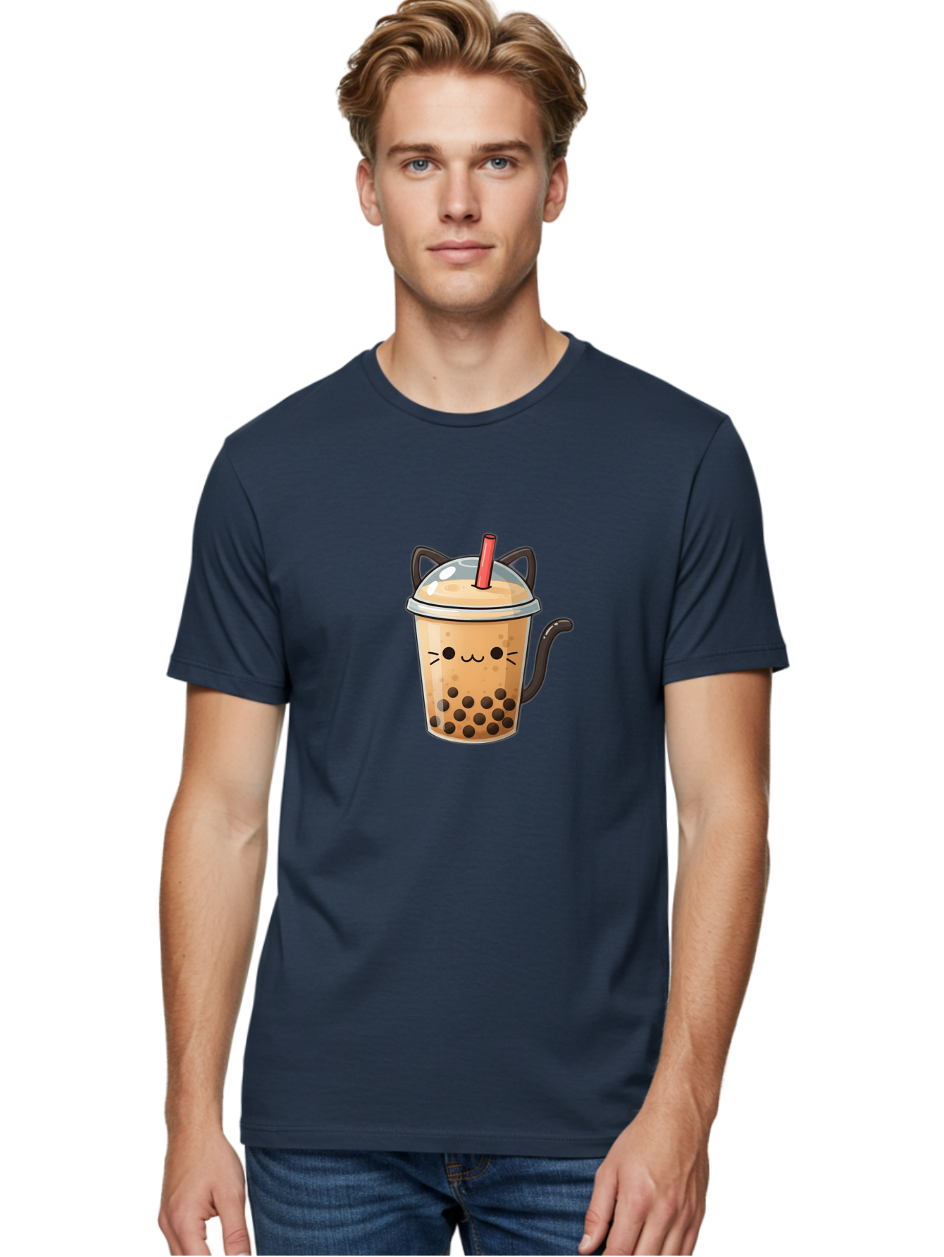 Cat-Bubble-Tea Men'S Graphic Tee, 100% Cotton, Comfortable Casual Summer Wear, Machine Washable, Boba Tea, Bubble Tea, Kawaii Cat, Cute Cat Face, Milk Tea, Tapioca Pearls, Adorable Design, Cartoon Style, Cat Ears, Straw, Bac798