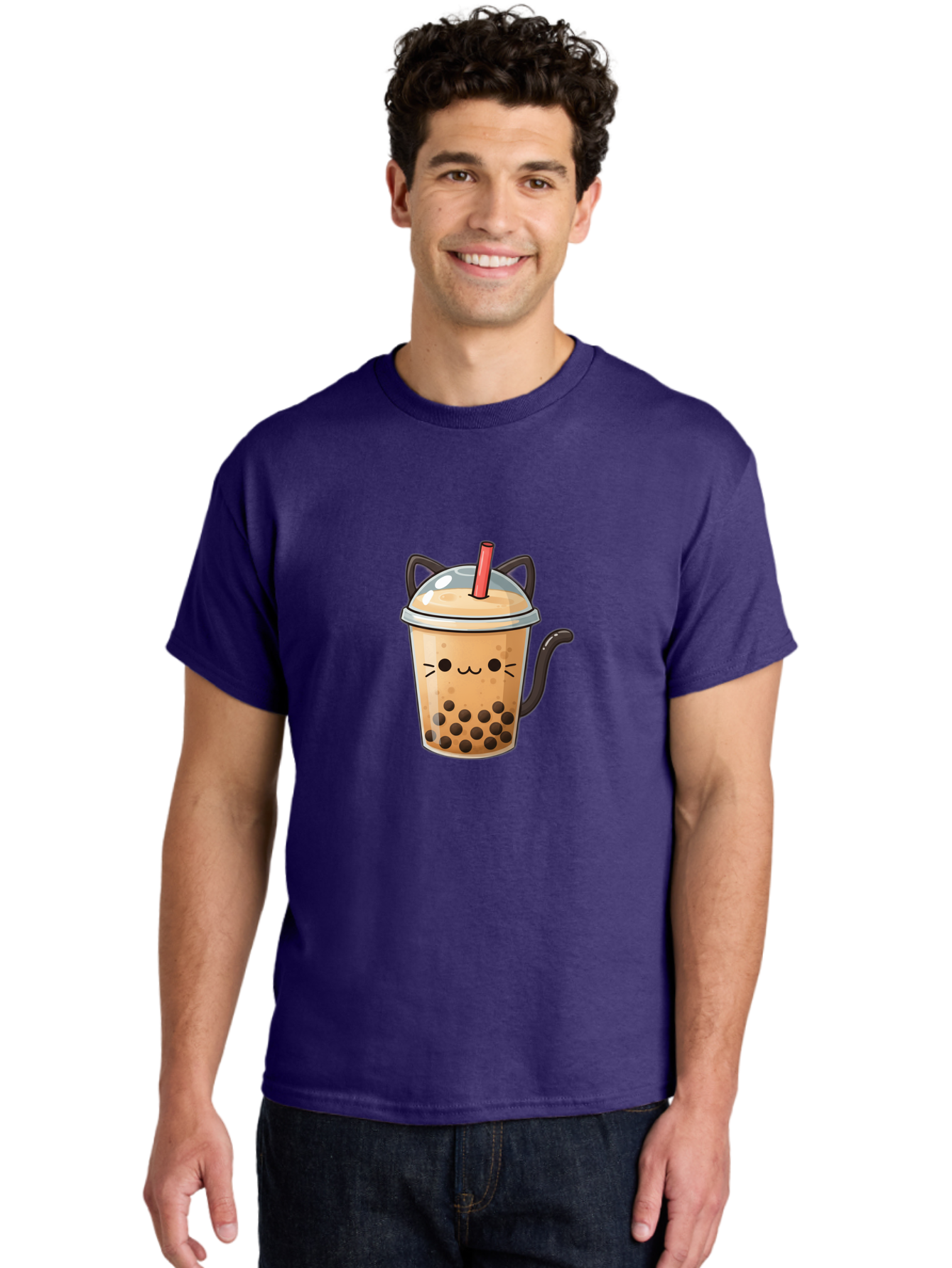 Cat-Bubble-Tea Men'S Graphic Tee, 100% Cotton, Comfortable Casual Summer Wear, Machine Washable, Boba Tea, Bubble Tea, Kawaii Cat, Cute Cat Face, Milk Tea, Tapioca Pearls, Adorable Design, Cartoon Style, Cat Ears, Straw, Bac798