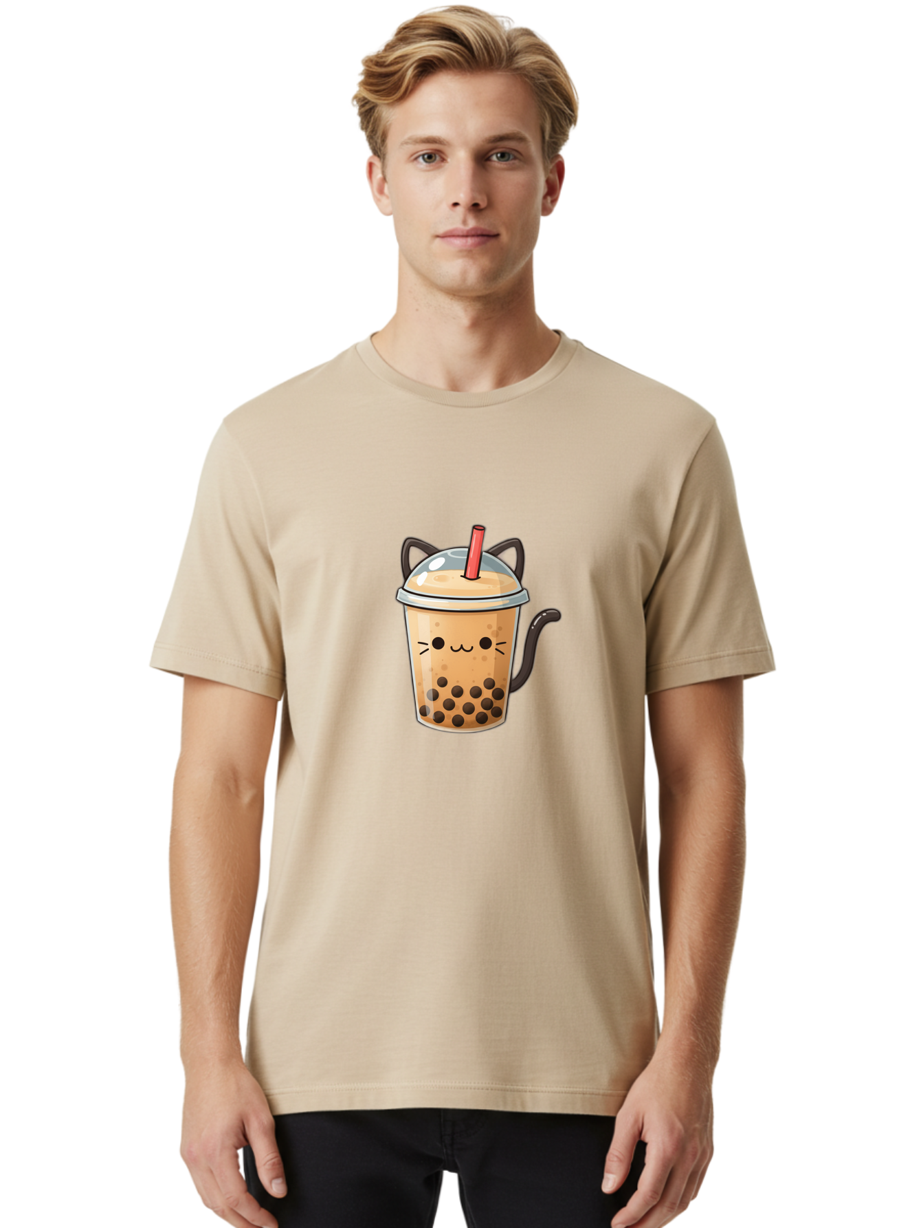 Cat-Bubble-Tea Men'S Graphic Tee, 100% Cotton, Comfortable Casual Summer Wear, Machine Washable, Boba Tea, Bubble Tea, Kawaii Cat, Cute Cat Face, Milk Tea, Tapioca Pearls, Adorable Design, Cartoon Style, Cat Ears, Straw, Bac798