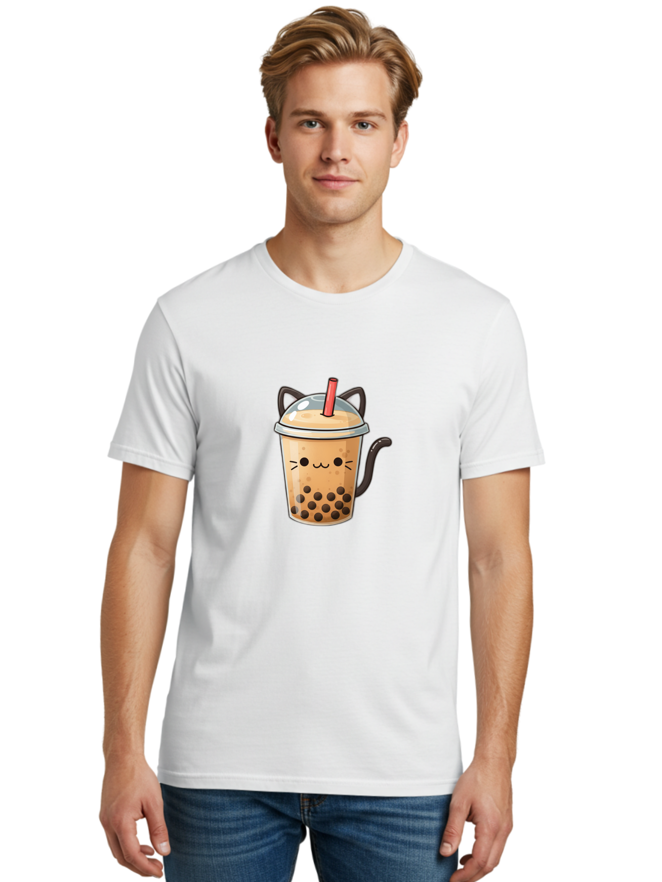 Cat-Bubble-Tea Men'S Graphic Tee, 100% Cotton, Comfortable Casual Summer Wear, Machine Washable, Boba Tea, Bubble Tea, Kawaii Cat, Cute Cat Face, Milk Tea, Tapioca Pearls, Adorable Design, Cartoon Style, Cat Ears, Straw, Bac798