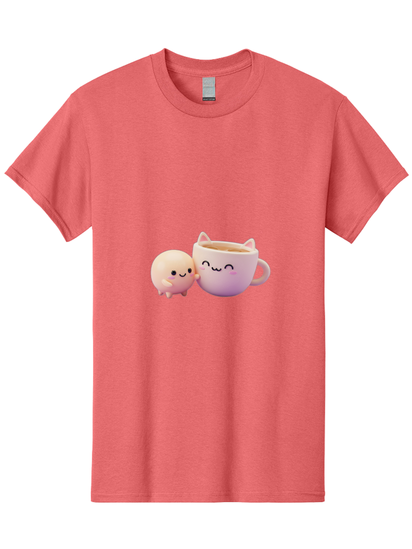 Cat-Face-Mug Men'S Graphic Tee, 100% Cotton, Comfortable Casual Summer Wear, Machine Washable, Cute Cartoon Character, Smiling Face, Pink Pastel Colors, Adorable Cat Mug, Kawaii Culture, Coffee Break, Fun Accessories, Playful Design, Bac799