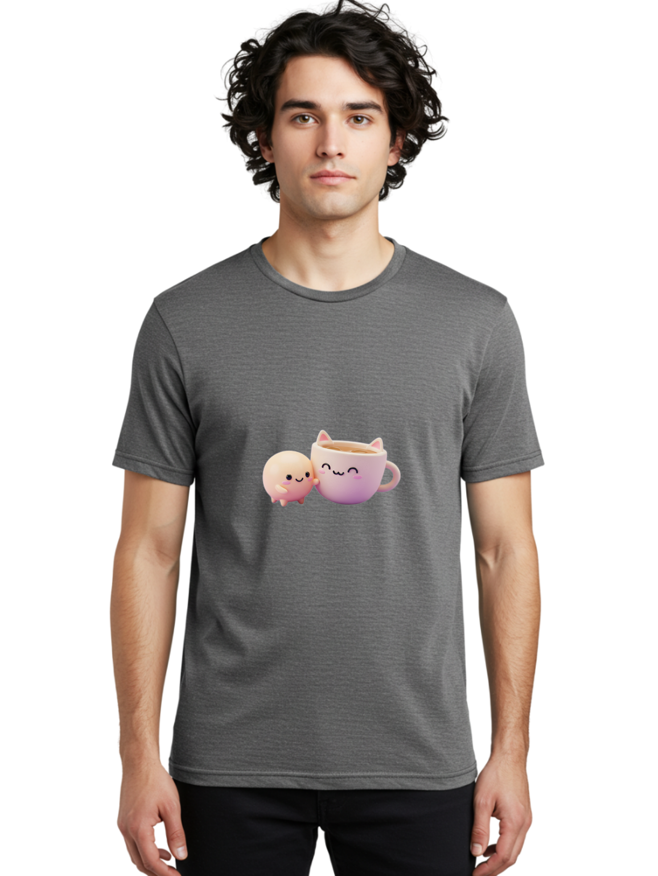 Cat-Face-Mug Men'S Graphic Tee, 100% Cotton, Comfortable Casual Summer Wear, Machine Washable, Cute Cartoon Character, Smiling Face, Pink Pastel Colors, Adorable Cat Mug, Kawaii Culture, Coffee Break, Fun Accessories, Playful Design, Bac799