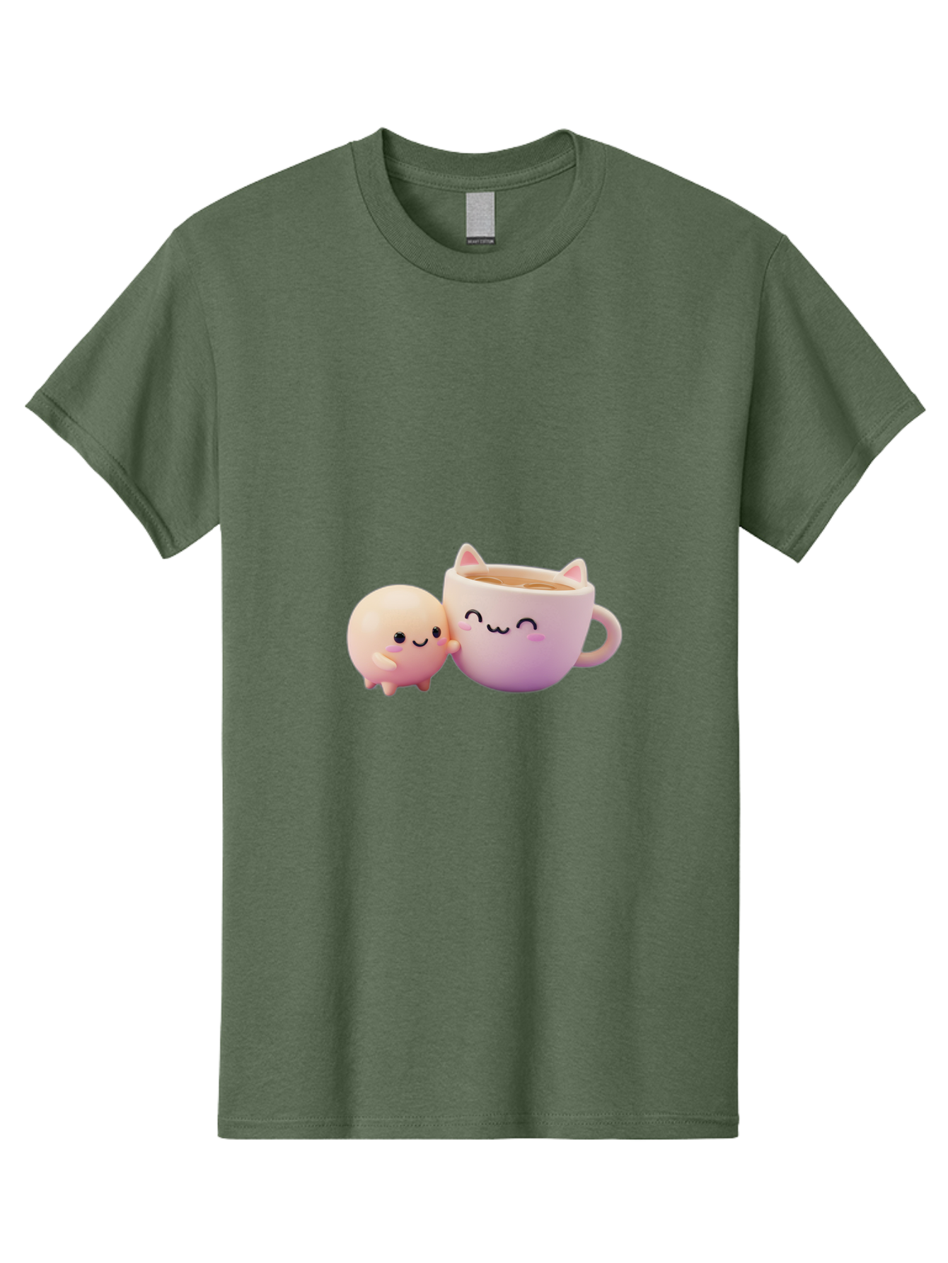 Cat-Face-Mug Men'S Graphic Tee, 100% Cotton, Comfortable Casual Summer Wear, Machine Washable, Cute Cartoon Character, Smiling Face, Pink Pastel Colors, Adorable Cat Mug, Kawaii Culture, Coffee Break, Fun Accessories, Playful Design, Bac799
