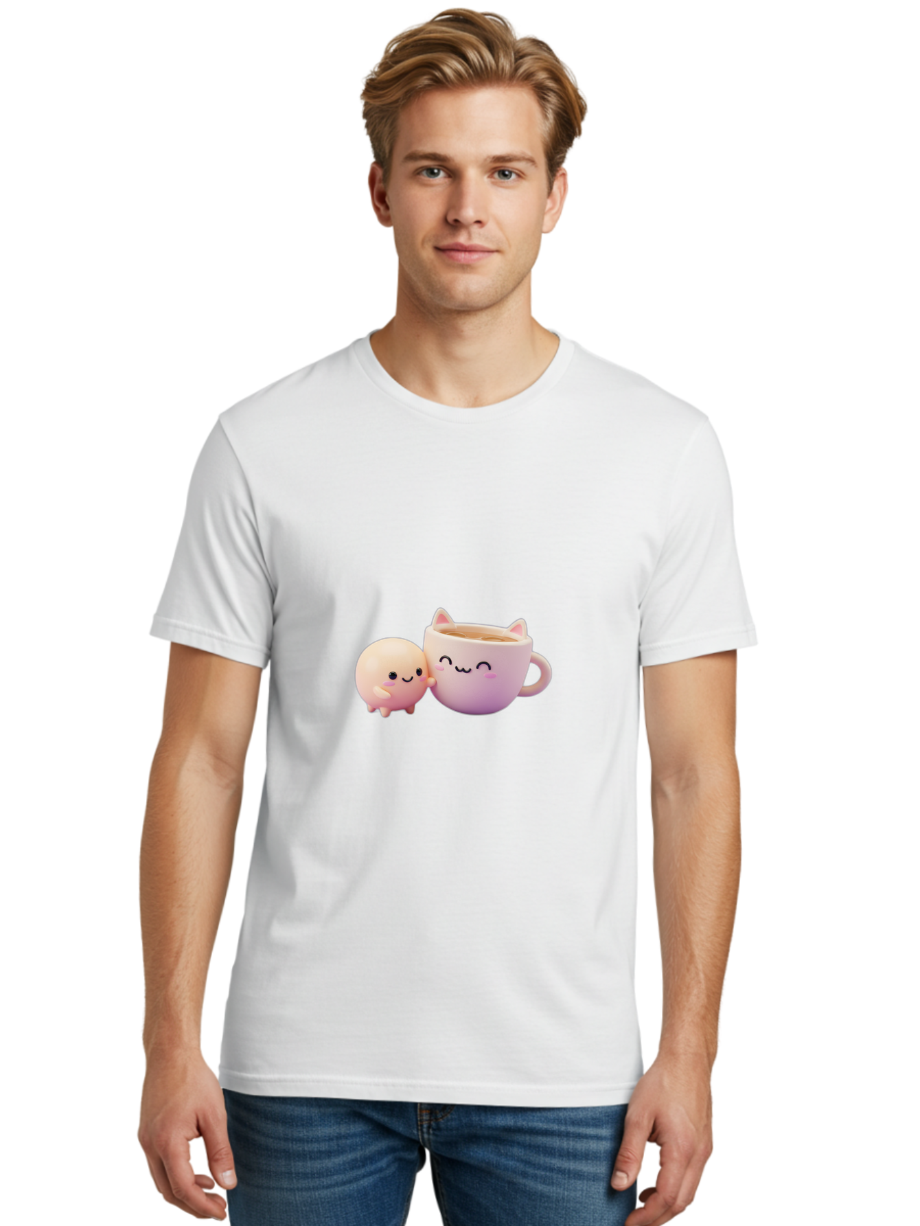 Cat-Face-Mug Men'S Graphic Tee, 100% Cotton, Comfortable Casual Summer Wear, Machine Washable, Cute Cartoon Character, Smiling Face, Pink Pastel Colors, Adorable Cat Mug, Kawaii Culture, Coffee Break, Fun Accessories, Playful Design, Bac799