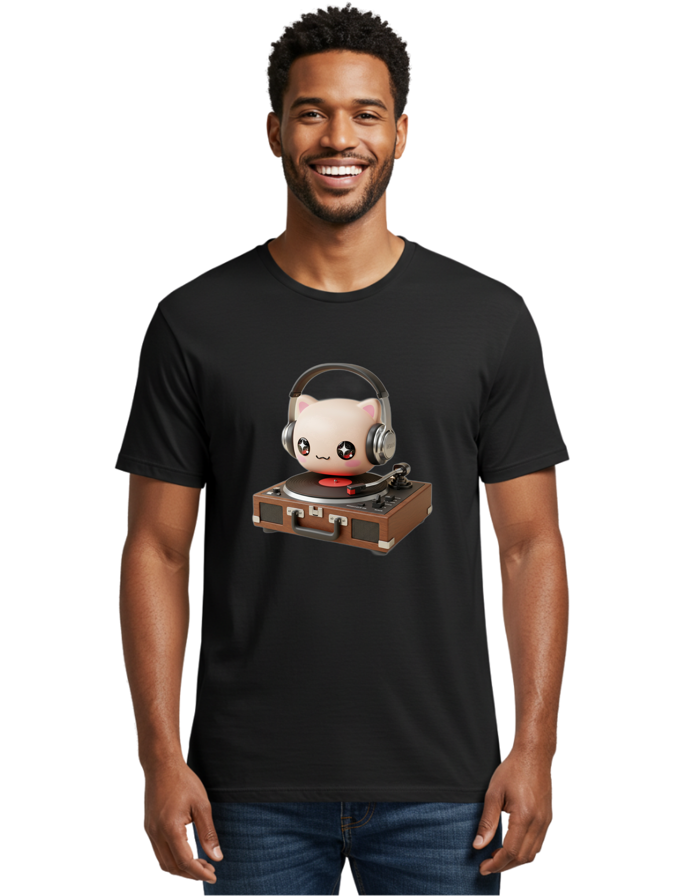 Cat-Headphones-Dj Men'S Graphic Tee, 100% Cotton, Comfortable Casual Summer Wear, Machine Washable, Cute Cat Head, Record Player, Vinyl Record, Headphones, Music Lover, Dj Cat, Retro Style, Nostalgic Vibe, Kawaii Culture, Cartoon Character Bac800