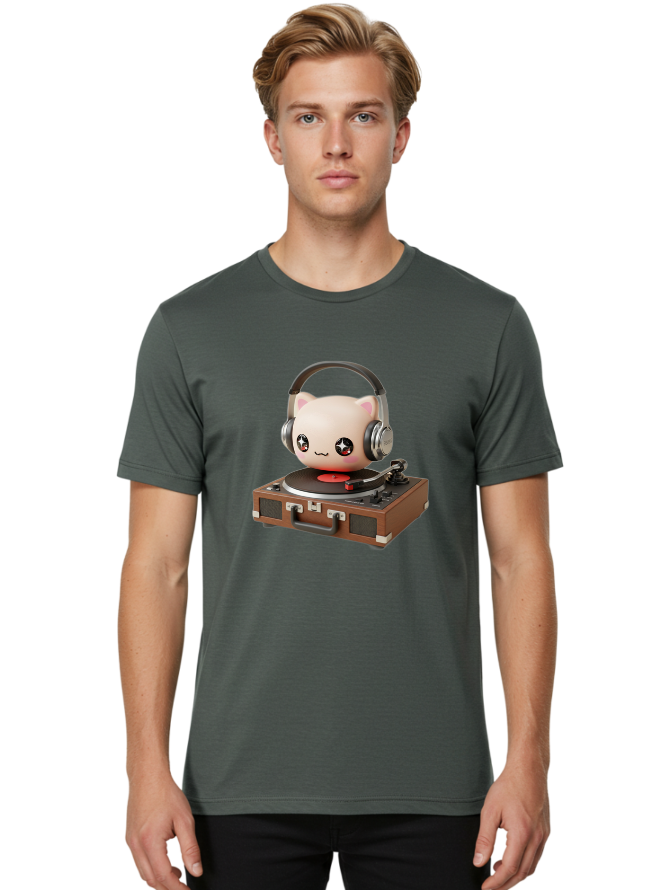 Cat-Headphones-Dj Men'S Graphic Tee, 100% Cotton, Comfortable Casual Summer Wear, Machine Washable, Cute Cat Head, Record Player, Vinyl Record, Headphones, Music Lover, Dj Cat, Retro Style, Nostalgic Vibe, Kawaii Culture, Cartoon Character Bac800