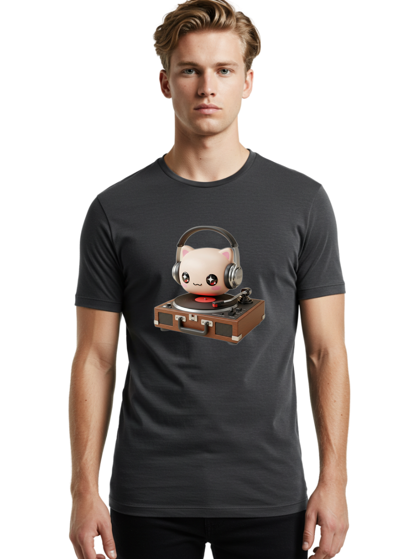 Cat-Headphones-Dj Men'S Graphic Tee, 100% Cotton, Comfortable Casual Summer Wear, Machine Washable, Cute Cat Head, Record Player, Vinyl Record, Headphones, Music Lover, Dj Cat, Retro Style, Nostalgic Vibe, Kawaii Culture, Cartoon Character Bac800