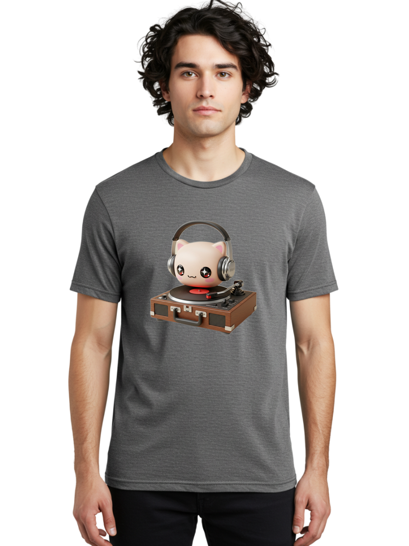 Cat-Headphones-Dj Men'S Graphic Tee, 100% Cotton, Comfortable Casual Summer Wear, Machine Washable, Cute Cat Head, Record Player, Vinyl Record, Headphones, Music Lover, Dj Cat, Retro Style, Nostalgic Vibe, Kawaii Culture, Cartoon Character Bac800
