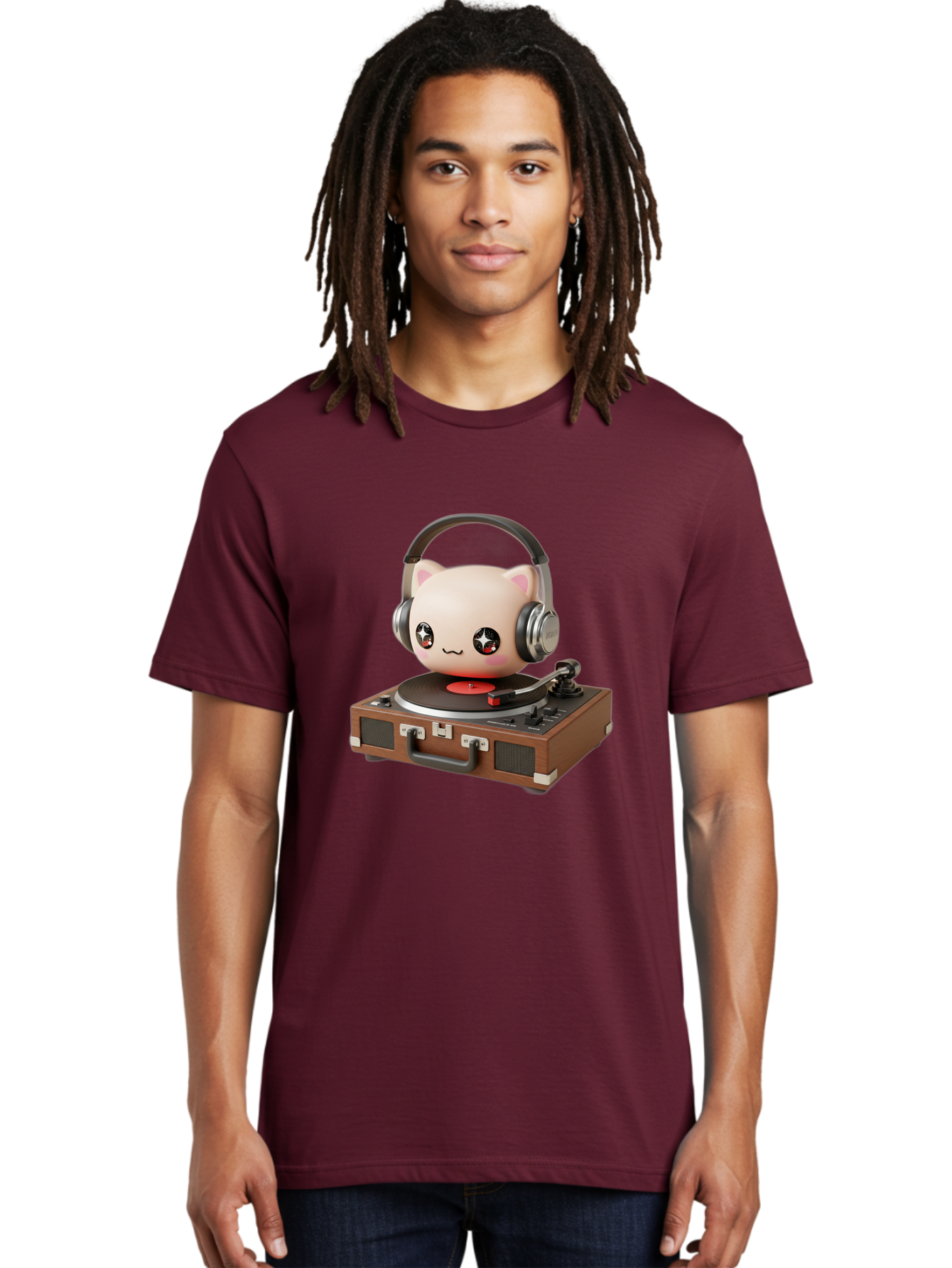 Cat-Headphones-Dj Men'S Graphic Tee, 100% Cotton, Comfortable Casual Summer Wear, Machine Washable, Cute Cat Head, Record Player, Vinyl Record, Headphones, Music Lover, Dj Cat, Retro Style, Nostalgic Vibe, Kawaii Culture, Cartoon Character Bac800