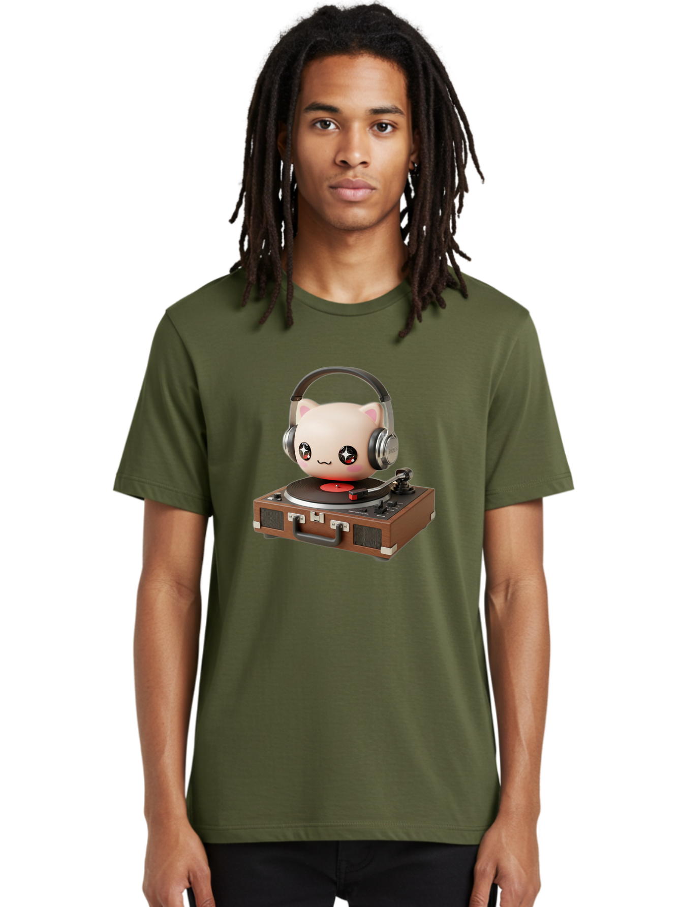 Cat-Headphones-Dj Men'S Graphic Tee, 100% Cotton, Comfortable Casual Summer Wear, Machine Washable, Cute Cat Head, Record Player, Vinyl Record, Headphones, Music Lover, Dj Cat, Retro Style, Nostalgic Vibe, Kawaii Culture, Cartoon Character Bac800