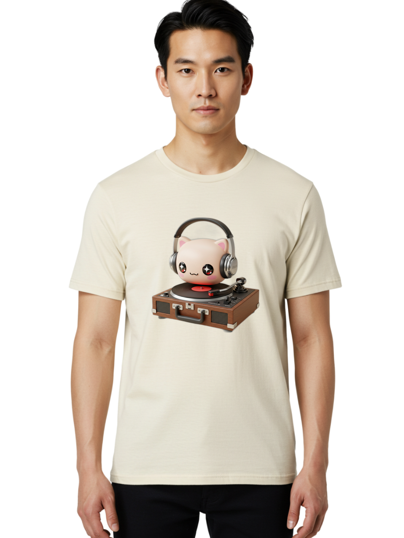 Cat-Headphones-Dj Men'S Graphic Tee, 100% Cotton, Comfortable Casual Summer Wear, Machine Washable, Cute Cat Head, Record Player, Vinyl Record, Headphones, Music Lover, Dj Cat, Retro Style, Nostalgic Vibe, Kawaii Culture, Cartoon Character Bac800