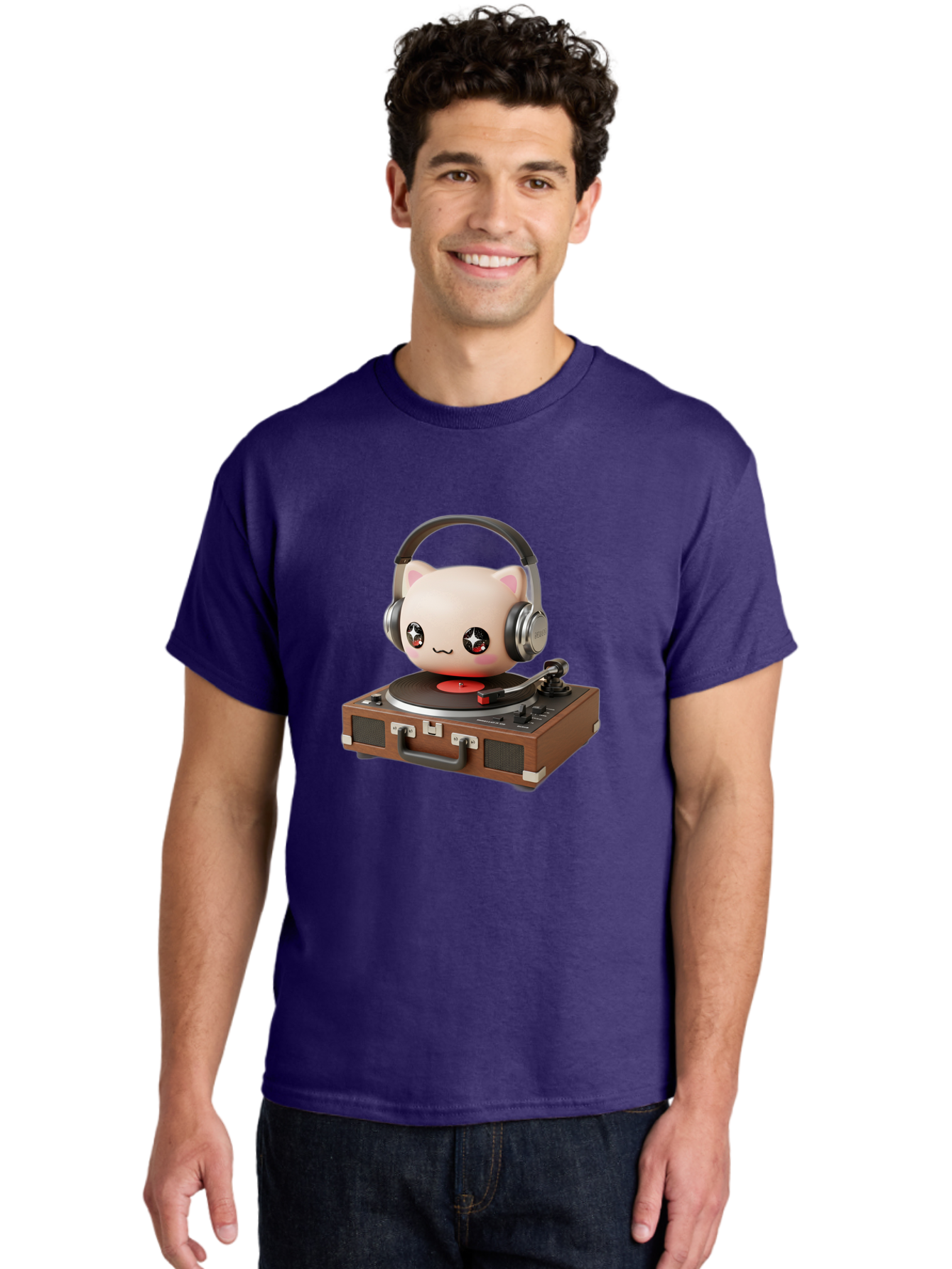 Cat-Headphones-Dj Men'S Graphic Tee, 100% Cotton, Comfortable Casual Summer Wear, Machine Washable, Cute Cat Head, Record Player, Vinyl Record, Headphones, Music Lover, Dj Cat, Retro Style, Nostalgic Vibe, Kawaii Culture, Cartoon Character Bac800