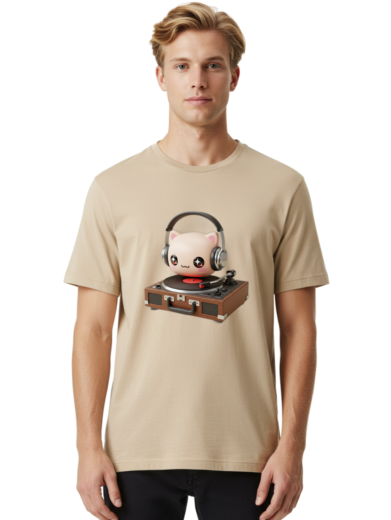 Cat-Headphones-Dj Men'S Graphic Tee, 100% Cotton, Comfortable Casual Summer Wear, Machine Washable, Cute Cat Head, Record Player, Vinyl Record, Headphones, Music Lover, Dj Cat, Retro Style, Nostalgic Vibe, Kawaii Culture, Cartoon Character Bac800