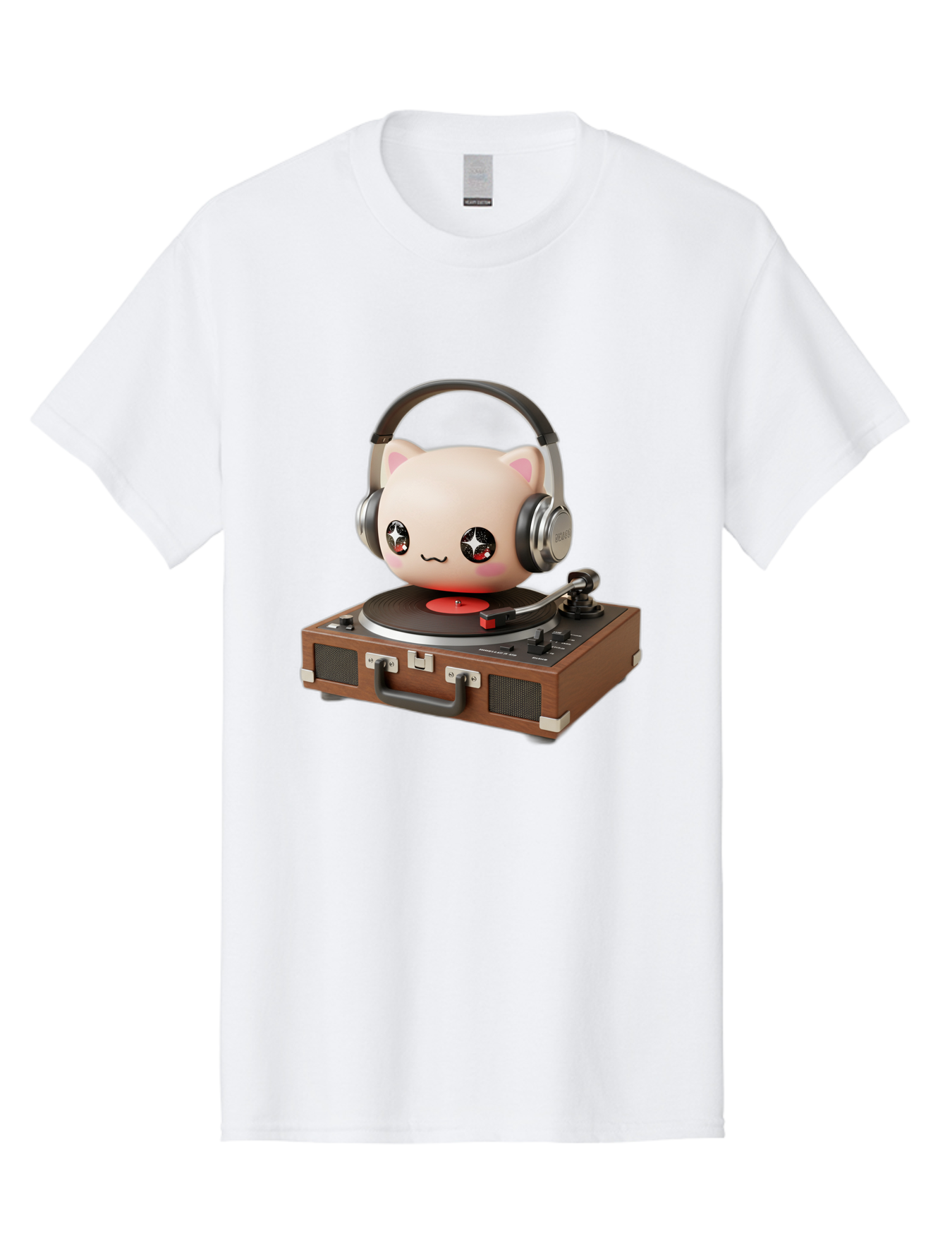 Cat-Headphones-Dj Men'S Graphic Tee, 100% Cotton, Comfortable Casual Summer Wear, Machine Washable, Cute Cat Head, Record Player, Vinyl Record, Headphones, Music Lover, Dj Cat, Retro Style, Nostalgic Vibe, Kawaii Culture, Cartoon Character Bac800