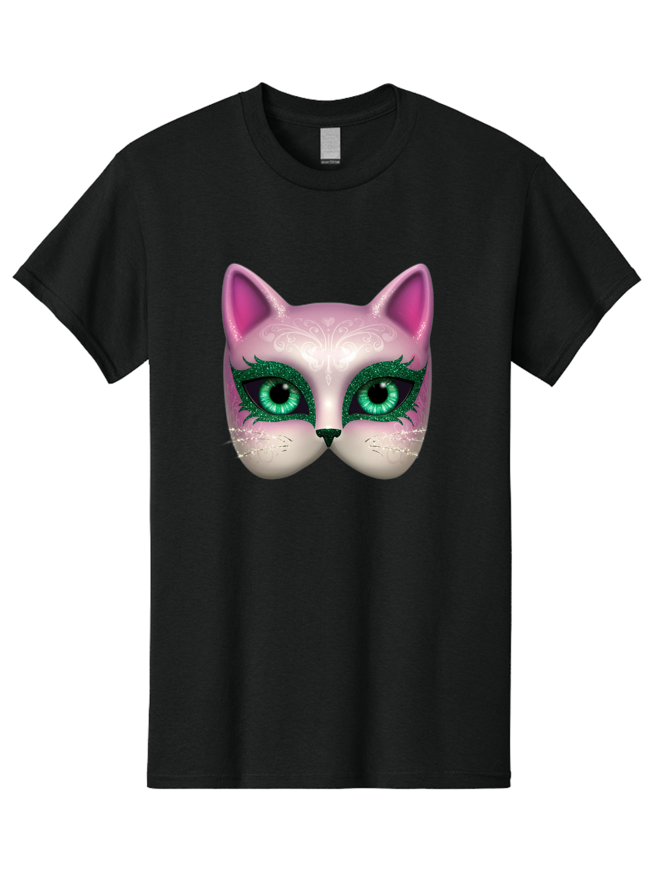 Cat-Mask Men'S Graphic Tee, 100% Cotton, Comfortable Casual Summer Wear, Machine Washable, Pink Cat Face, Gemstone Eyes, Green Mascara, Floral Design, Pretty Kitty, Cute Cat Illustration, Glamorous Cat Eyes, Festive Cat Mask, Creative Cat Art, Bac801