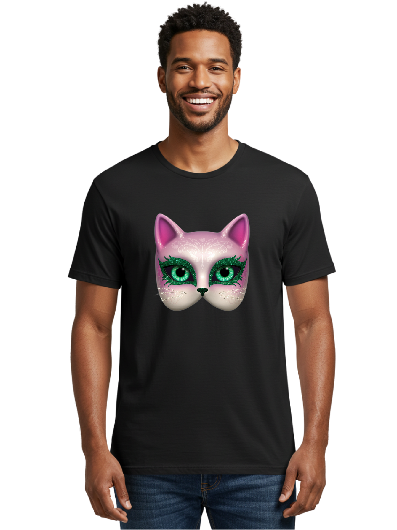 Cat-Mask Men'S Graphic Tee, 100% Cotton, Comfortable Casual Summer Wear, Machine Washable, Pink Cat Face, Gemstone Eyes, Green Mascara, Floral Design, Pretty Kitty, Cute Cat Illustration, Glamorous Cat Eyes, Festive Cat Mask, Creative Cat Art, Bac801