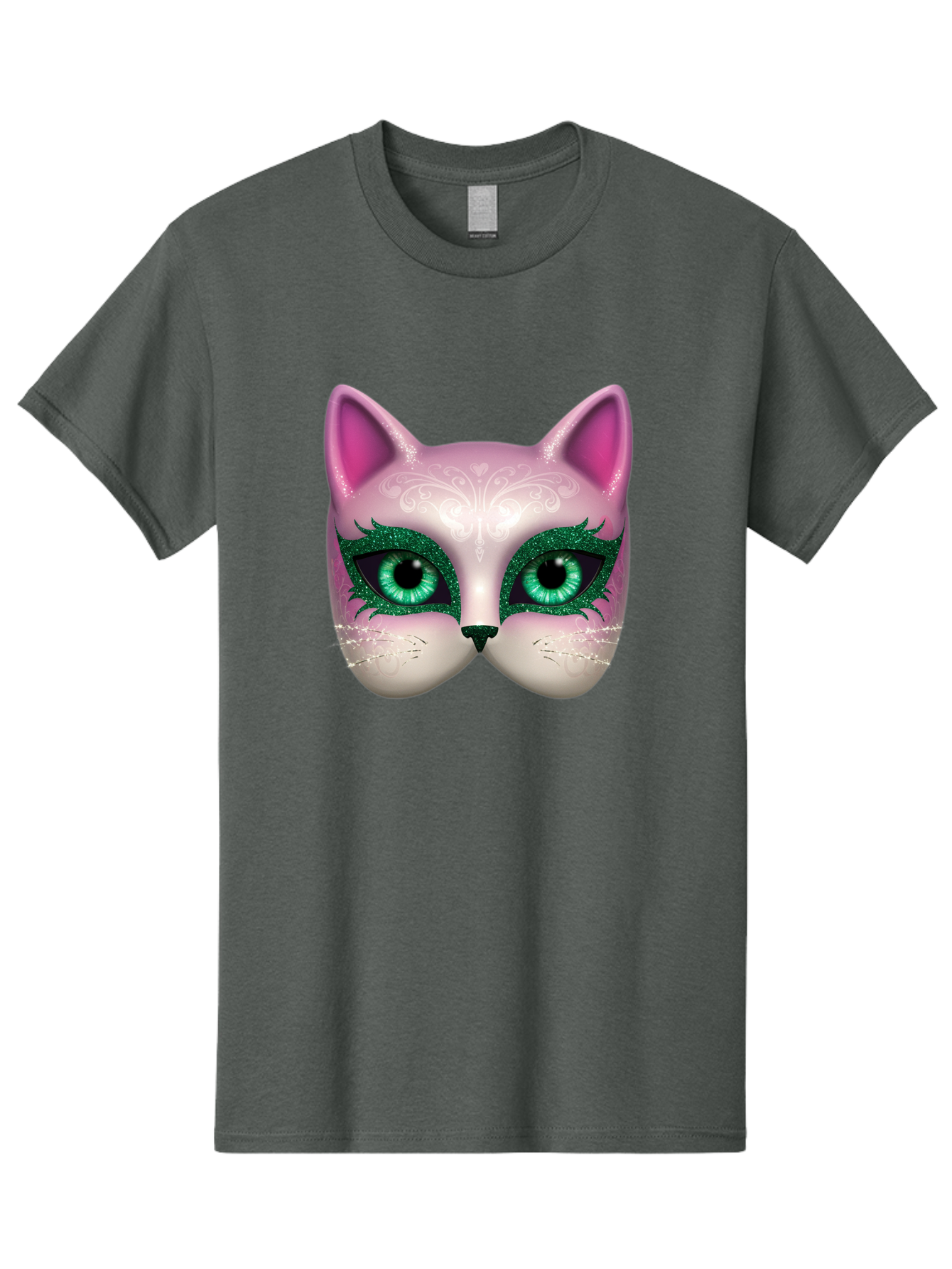 Cat-Mask Men'S Graphic Tee, 100% Cotton, Comfortable Casual Summer Wear, Machine Washable, Pink Cat Face, Gemstone Eyes, Green Mascara, Floral Design, Pretty Kitty, Cute Cat Illustration, Glamorous Cat Eyes, Festive Cat Mask, Creative Cat Art, Bac801