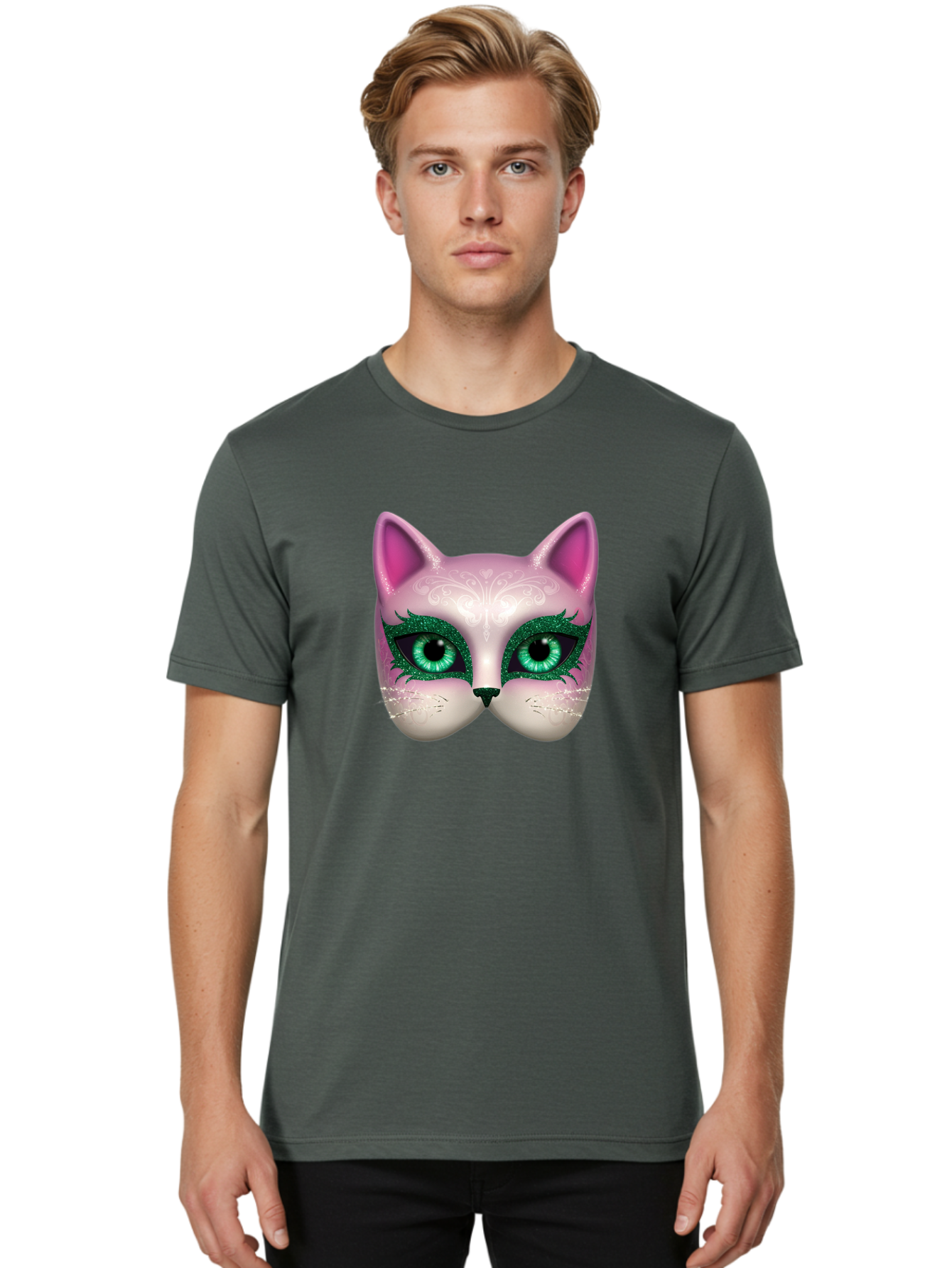 Cat-Mask Men'S Graphic Tee, 100% Cotton, Comfortable Casual Summer Wear, Machine Washable, Pink Cat Face, Gemstone Eyes, Green Mascara, Floral Design, Pretty Kitty, Cute Cat Illustration, Glamorous Cat Eyes, Festive Cat Mask, Creative Cat Art, Bac801