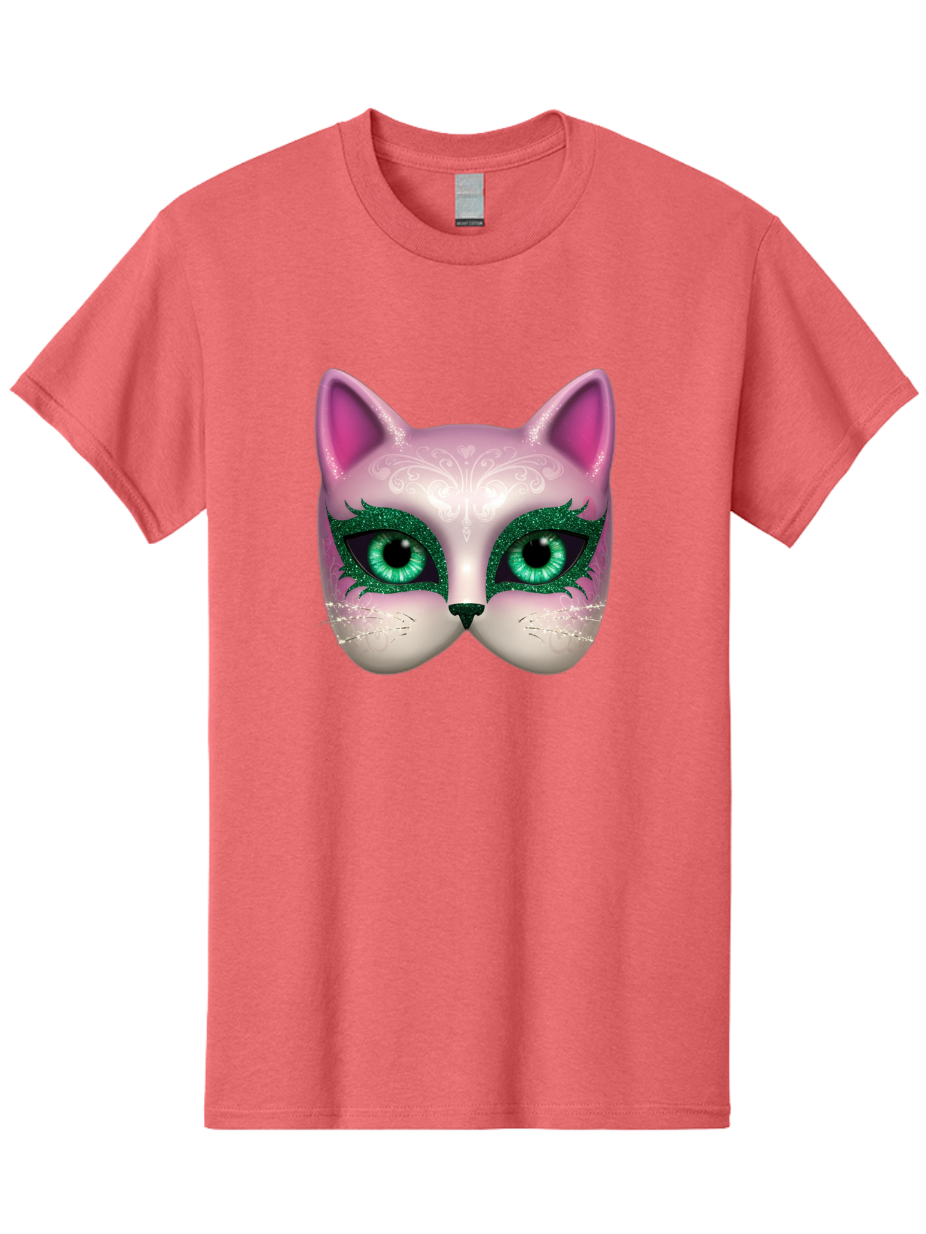 Cat-Mask Men'S Graphic Tee, 100% Cotton, Comfortable Casual Summer Wear, Machine Washable, Pink Cat Face, Gemstone Eyes, Green Mascara, Floral Design, Pretty Kitty, Cute Cat Illustration, Glamorous Cat Eyes, Festive Cat Mask, Creative Cat Art, Bac801