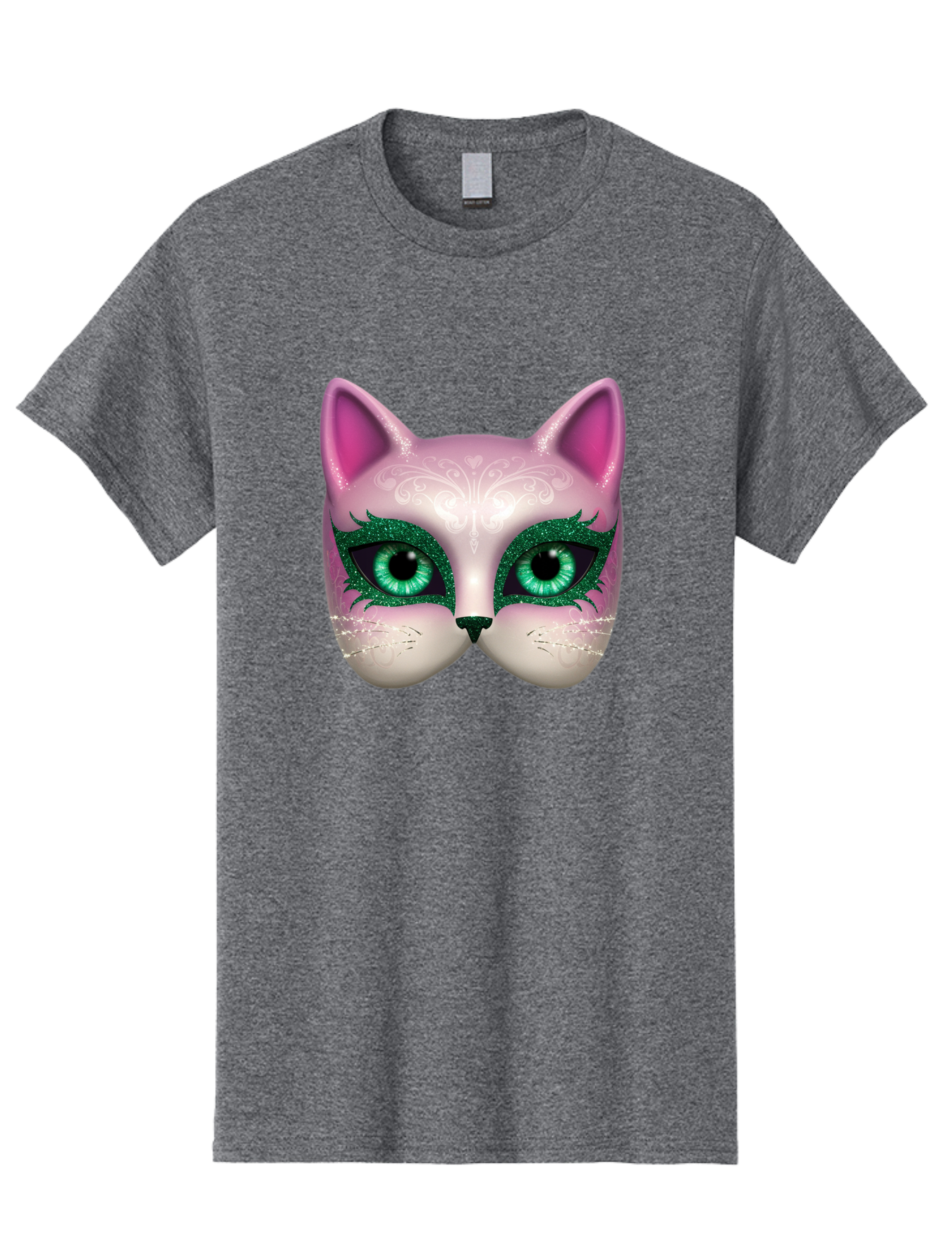 Cat-Mask Men'S Graphic Tee, 100% Cotton, Comfortable Casual Summer Wear, Machine Washable, Pink Cat Face, Gemstone Eyes, Green Mascara, Floral Design, Pretty Kitty, Cute Cat Illustration, Glamorous Cat Eyes, Festive Cat Mask, Creative Cat Art, Bac801