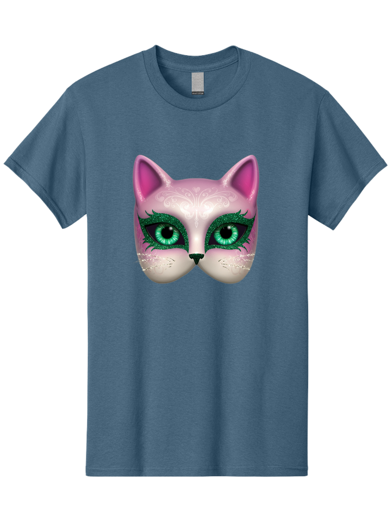Cat-Mask Men'S Graphic Tee, 100% Cotton, Comfortable Casual Summer Wear, Machine Washable, Pink Cat Face, Gemstone Eyes, Green Mascara, Floral Design, Pretty Kitty, Cute Cat Illustration, Glamorous Cat Eyes, Festive Cat Mask, Creative Cat Art, Bac801