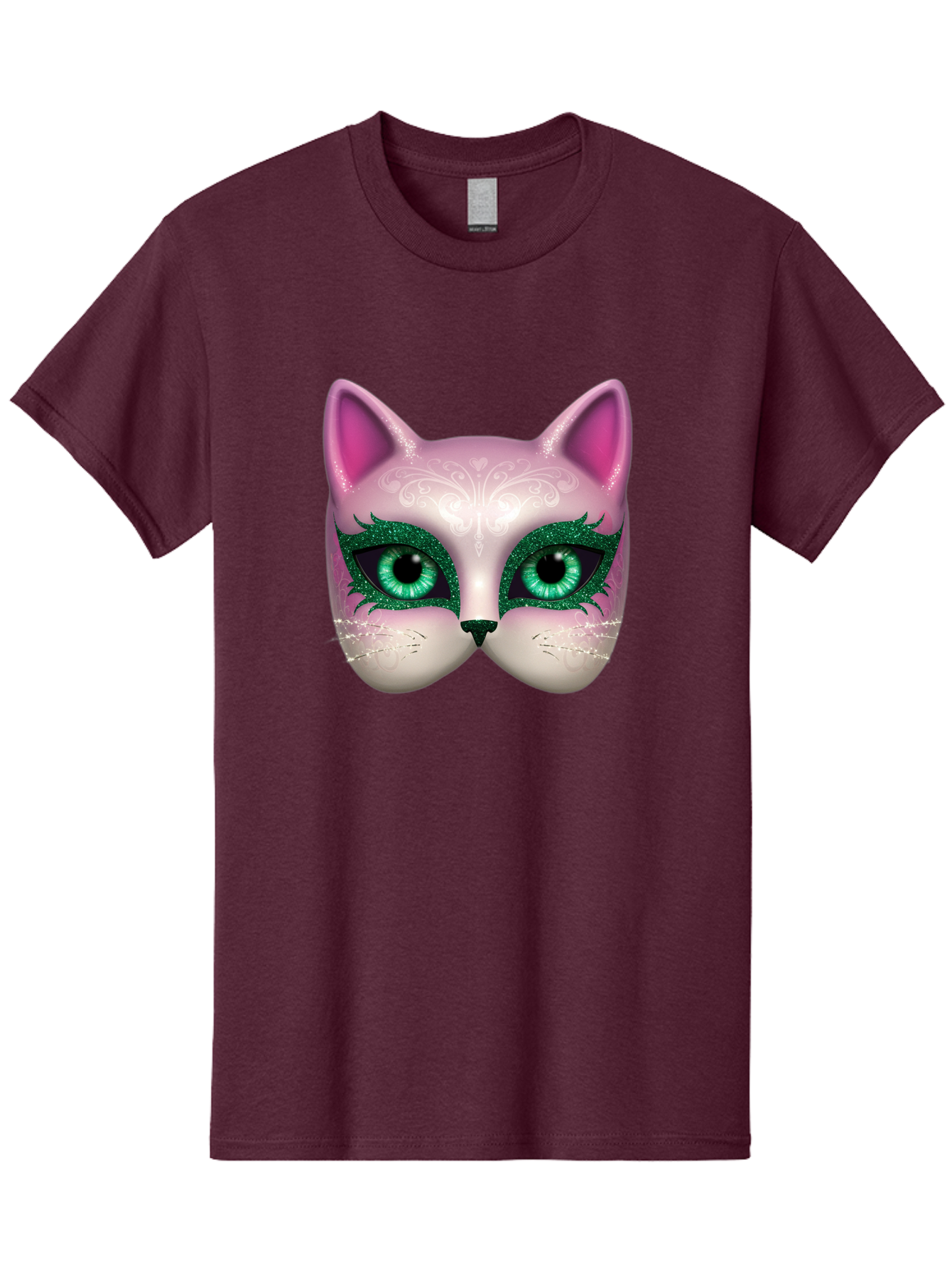 Cat-Mask Men'S Graphic Tee, 100% Cotton, Comfortable Casual Summer Wear, Machine Washable, Pink Cat Face, Gemstone Eyes, Green Mascara, Floral Design, Pretty Kitty, Cute Cat Illustration, Glamorous Cat Eyes, Festive Cat Mask, Creative Cat Art, Bac801