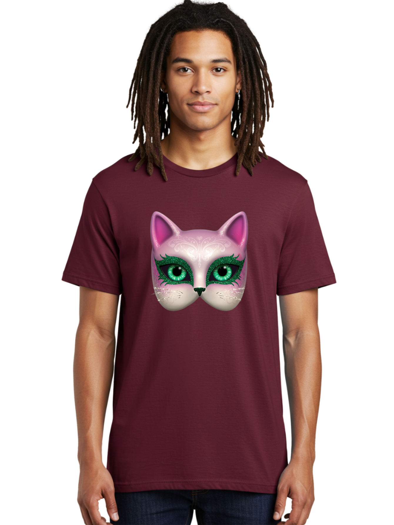 Cat-Mask Men'S Graphic Tee, 100% Cotton, Comfortable Casual Summer Wear, Machine Washable, Pink Cat Face, Gemstone Eyes, Green Mascara, Floral Design, Pretty Kitty, Cute Cat Illustration, Glamorous Cat Eyes, Festive Cat Mask, Creative Cat Art, Bac801