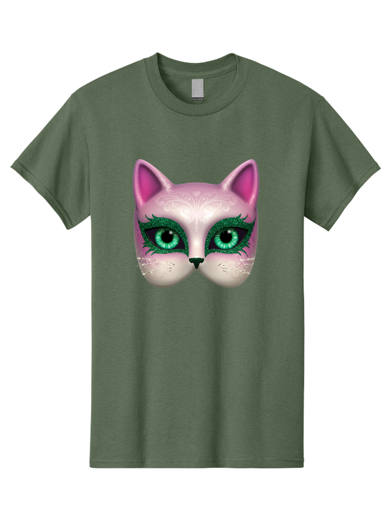 Cat-Mask Men'S Graphic Tee, 100% Cotton, Comfortable Casual Summer Wear, Machine Washable, Pink Cat Face, Gemstone Eyes, Green Mascara, Floral Design, Pretty Kitty, Cute Cat Illustration, Glamorous Cat Eyes, Festive Cat Mask, Creative Cat Art, Bac801