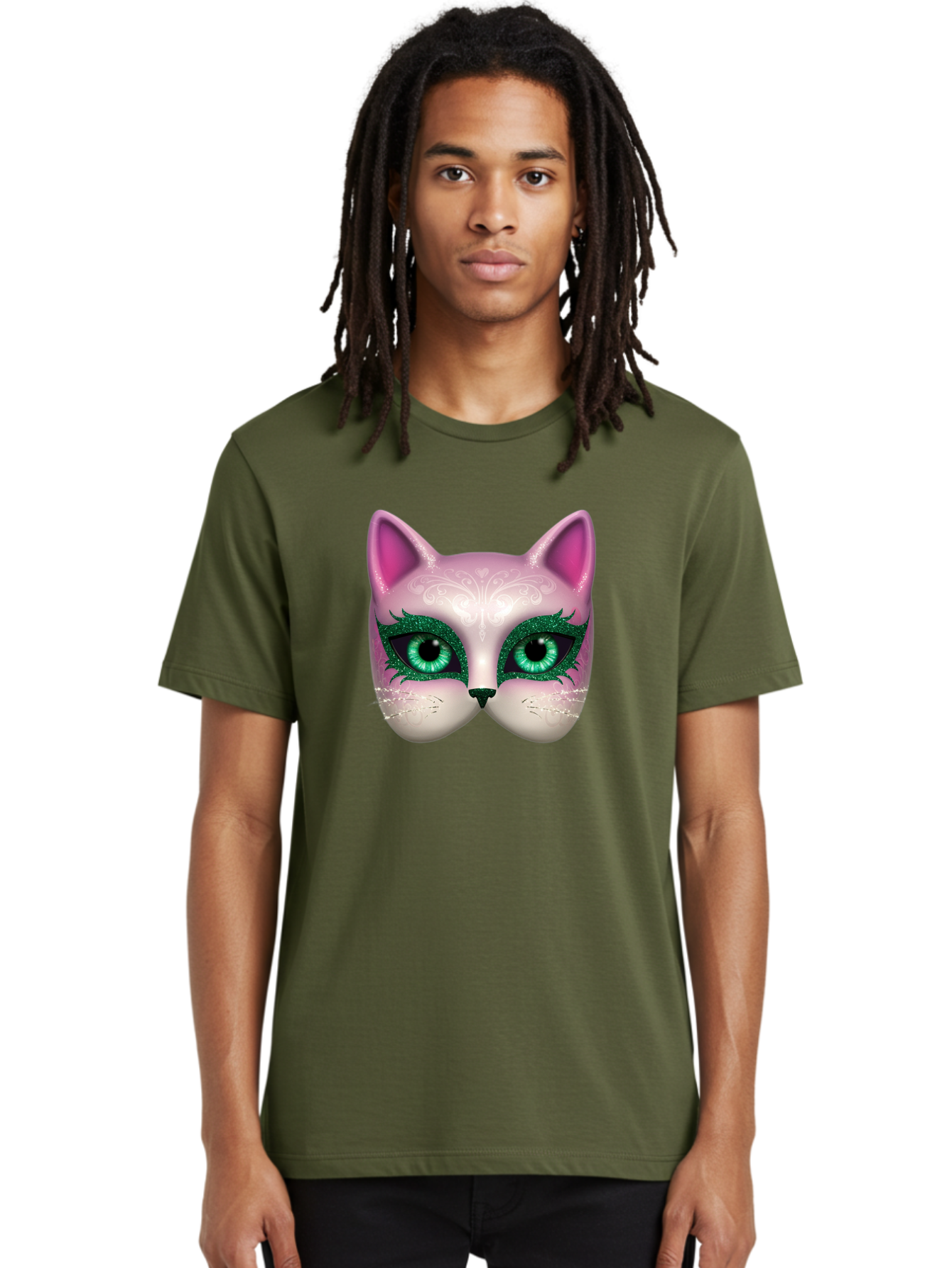 Cat-Mask Men'S Graphic Tee, 100% Cotton, Comfortable Casual Summer Wear, Machine Washable, Pink Cat Face, Gemstone Eyes, Green Mascara, Floral Design, Pretty Kitty, Cute Cat Illustration, Glamorous Cat Eyes, Festive Cat Mask, Creative Cat Art, Bac801
