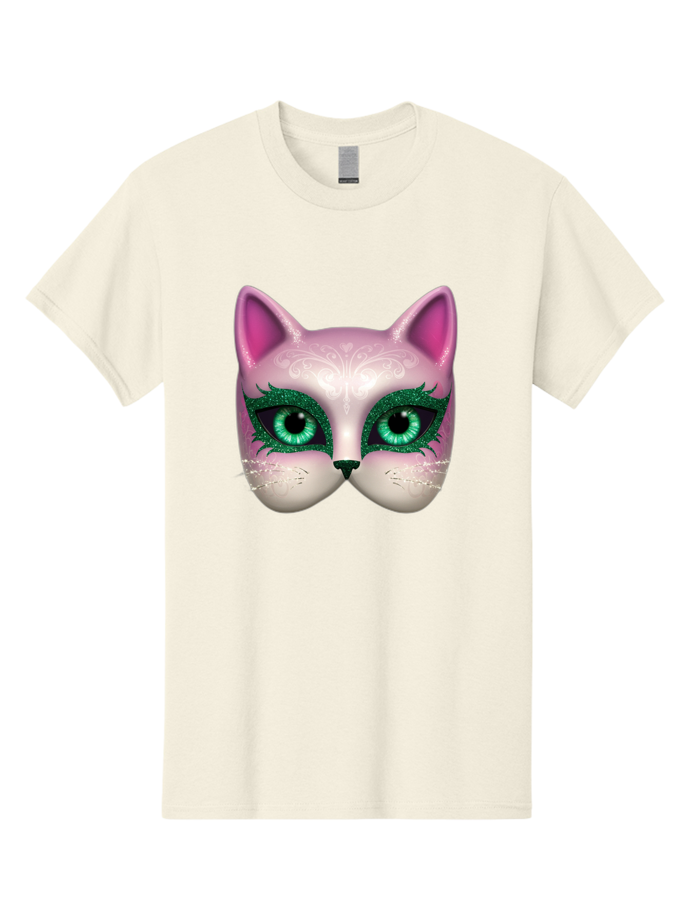 Cat-Mask Men'S Graphic Tee, 100% Cotton, Comfortable Casual Summer Wear, Machine Washable, Pink Cat Face, Gemstone Eyes, Green Mascara, Floral Design, Pretty Kitty, Cute Cat Illustration, Glamorous Cat Eyes, Festive Cat Mask, Creative Cat Art, Bac801