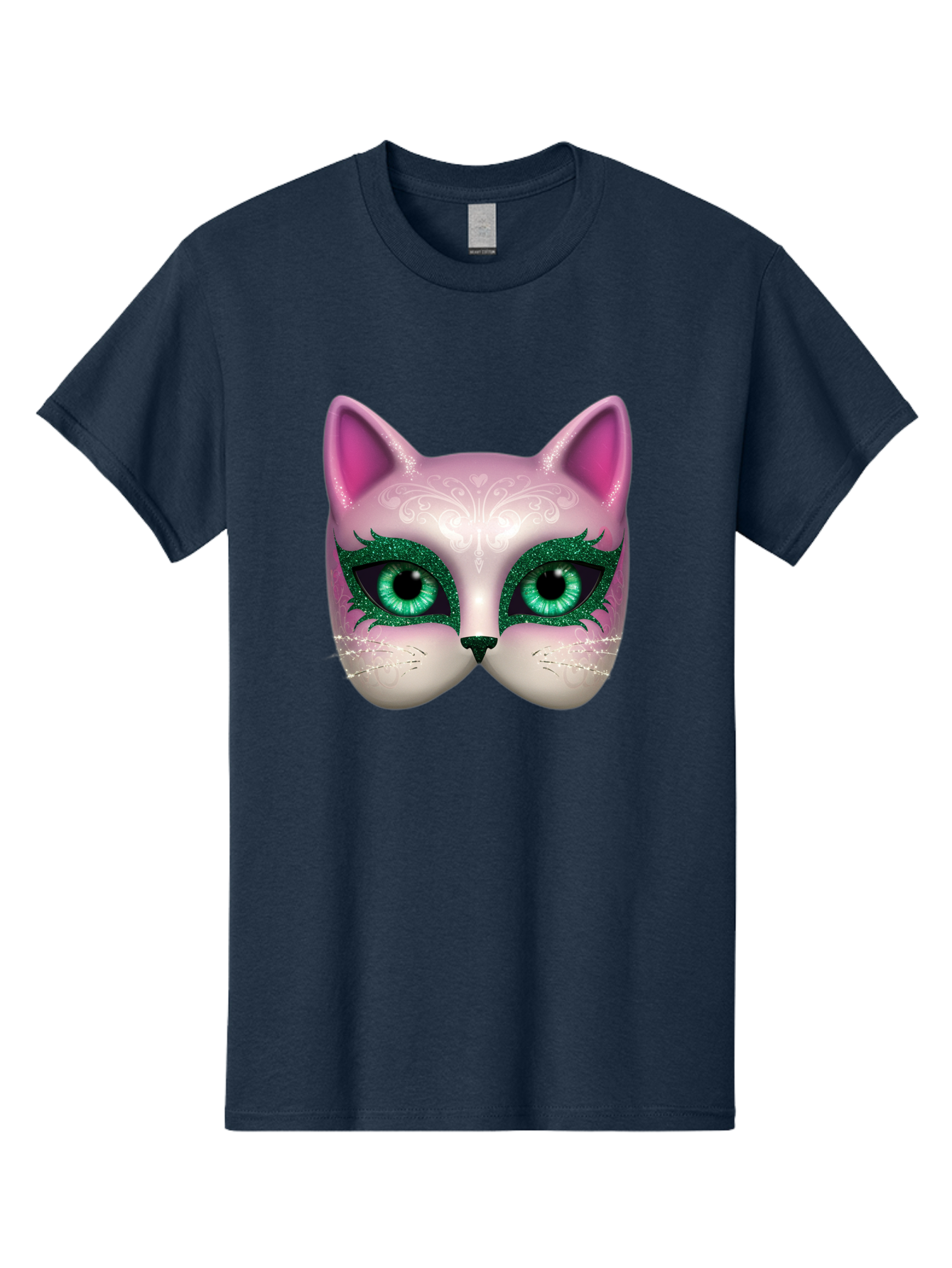 Cat-Mask Men'S Graphic Tee, 100% Cotton, Comfortable Casual Summer Wear, Machine Washable, Pink Cat Face, Gemstone Eyes, Green Mascara, Floral Design, Pretty Kitty, Cute Cat Illustration, Glamorous Cat Eyes, Festive Cat Mask, Creative Cat Art, Bac801
