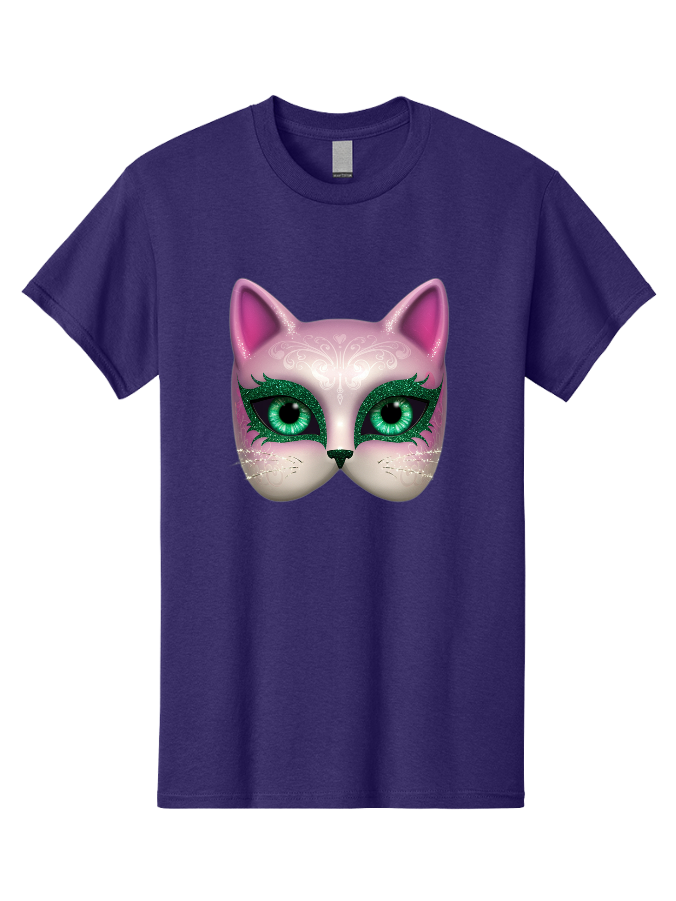 Cat-Mask Men'S Graphic Tee, 100% Cotton, Comfortable Casual Summer Wear, Machine Washable, Pink Cat Face, Gemstone Eyes, Green Mascara, Floral Design, Pretty Kitty, Cute Cat Illustration, Glamorous Cat Eyes, Festive Cat Mask, Creative Cat Art, Bac801