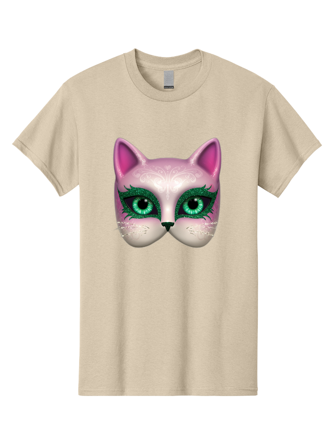 Cat-Mask Men'S Graphic Tee, 100% Cotton, Comfortable Casual Summer Wear, Machine Washable, Pink Cat Face, Gemstone Eyes, Green Mascara, Floral Design, Pretty Kitty, Cute Cat Illustration, Glamorous Cat Eyes, Festive Cat Mask, Creative Cat Art, Bac801