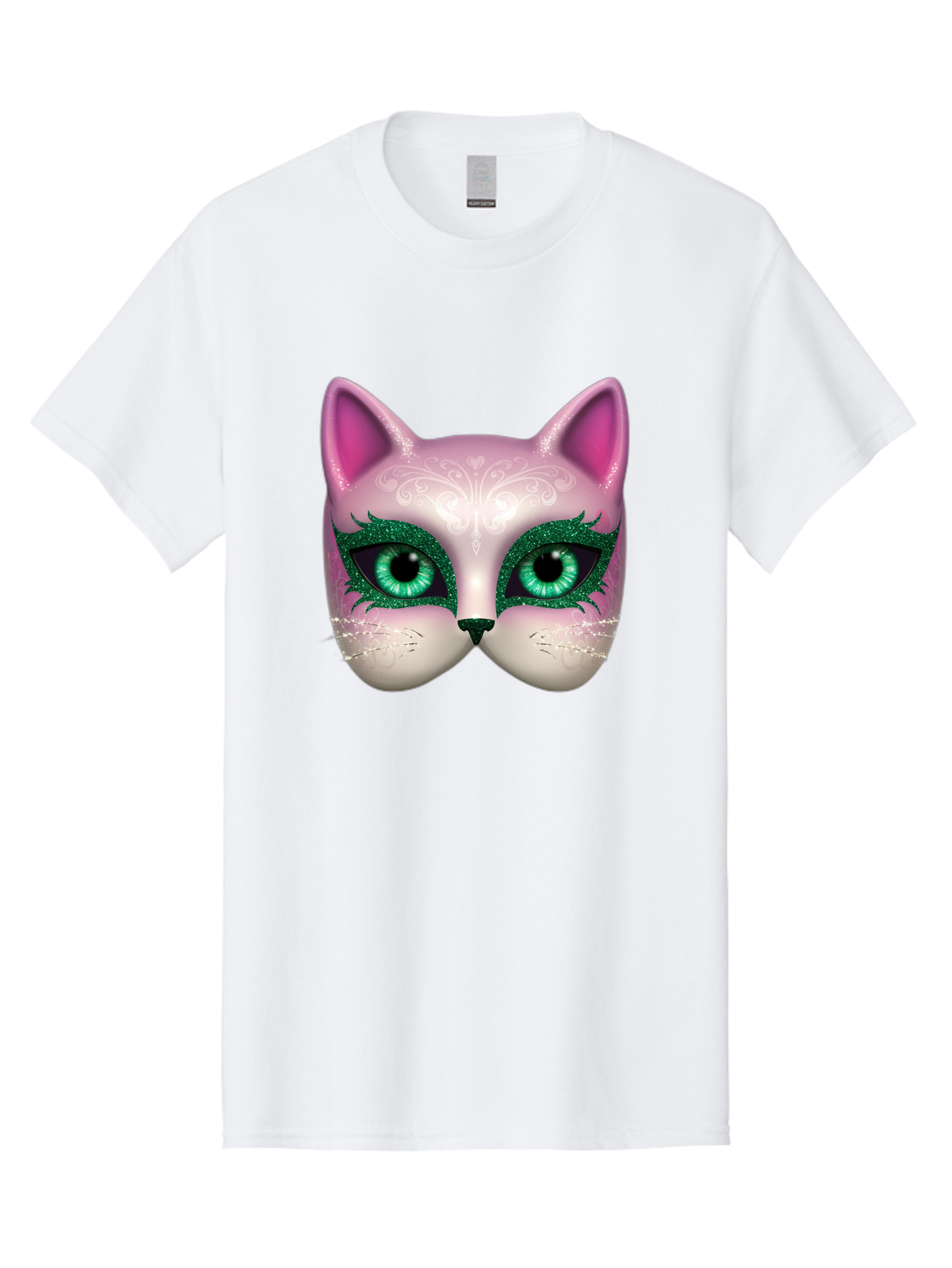 Cat-Mask Men'S Graphic Tee, 100% Cotton, Comfortable Casual Summer Wear, Machine Washable, Pink Cat Face, Gemstone Eyes, Green Mascara, Floral Design, Pretty Kitty, Cute Cat Illustration, Glamorous Cat Eyes, Festive Cat Mask, Creative Cat Art, Bac801