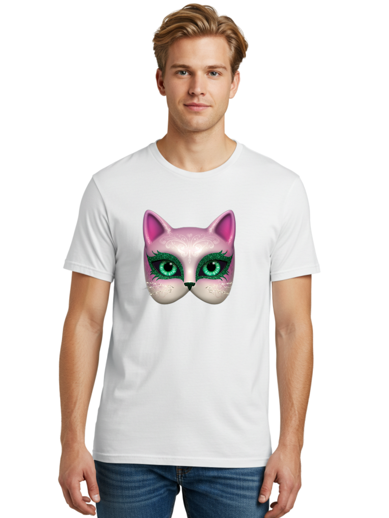 Cat-Mask Men'S Graphic Tee, 100% Cotton, Comfortable Casual Summer Wear, Machine Washable, Pink Cat Face, Gemstone Eyes, Green Mascara, Floral Design, Pretty Kitty, Cute Cat Illustration, Glamorous Cat Eyes, Festive Cat Mask, Creative Cat Art, Bac801