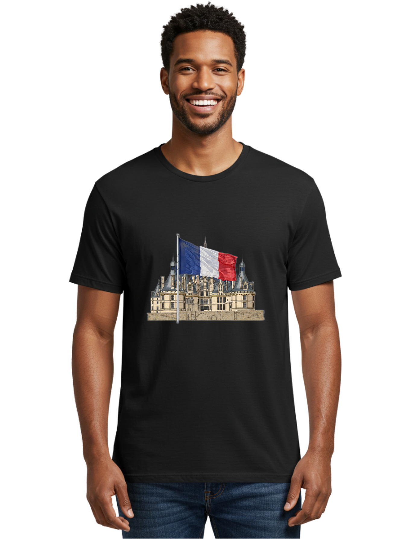 Chateau-De-Chambord Men'S Graphic Tee, 100% Cotton, Comfortable Casual Summer Wear, Machine Washable, French Flag Waving, Historic Chateau, European Architecture, French Heritage, National Pride, Cultural Significance, France Tourism Bac802
