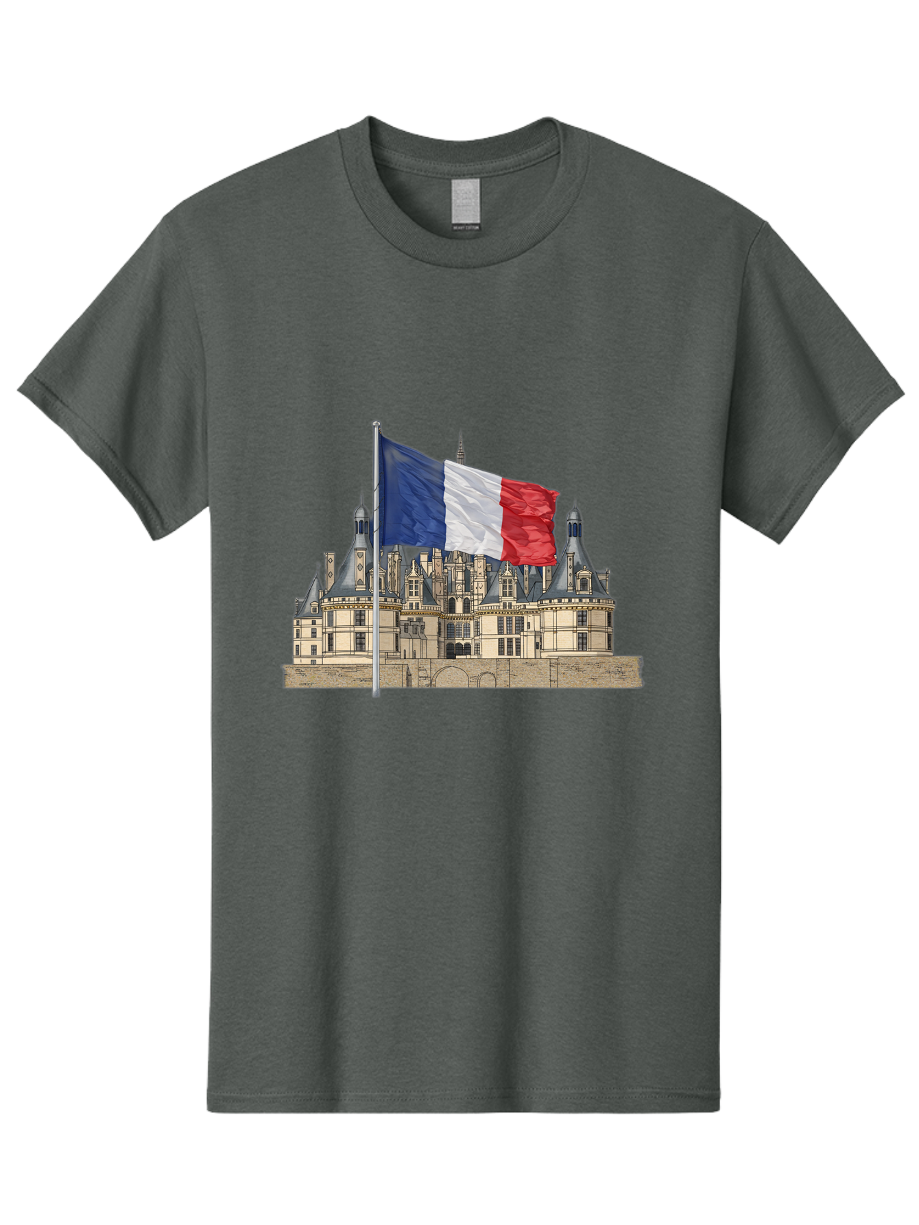 Chateau-De-Chambord Men'S Graphic Tee, 100% Cotton, Comfortable Casual Summer Wear, Machine Washable, French Flag Waving, Historic Chateau, European Architecture, French Heritage, National Pride, Cultural Significance, France Tourism Bac802