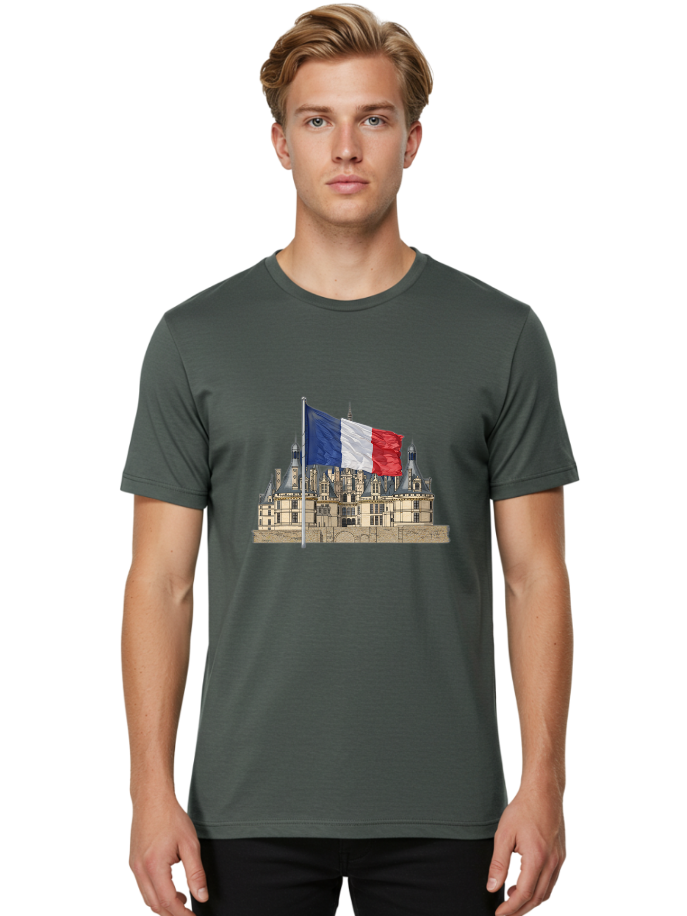 Chateau-De-Chambord Men'S Graphic Tee, 100% Cotton, Comfortable Casual Summer Wear, Machine Washable, French Flag Waving, Historic Chateau, European Architecture, French Heritage, National Pride, Cultural Significance, France Tourism Bac802